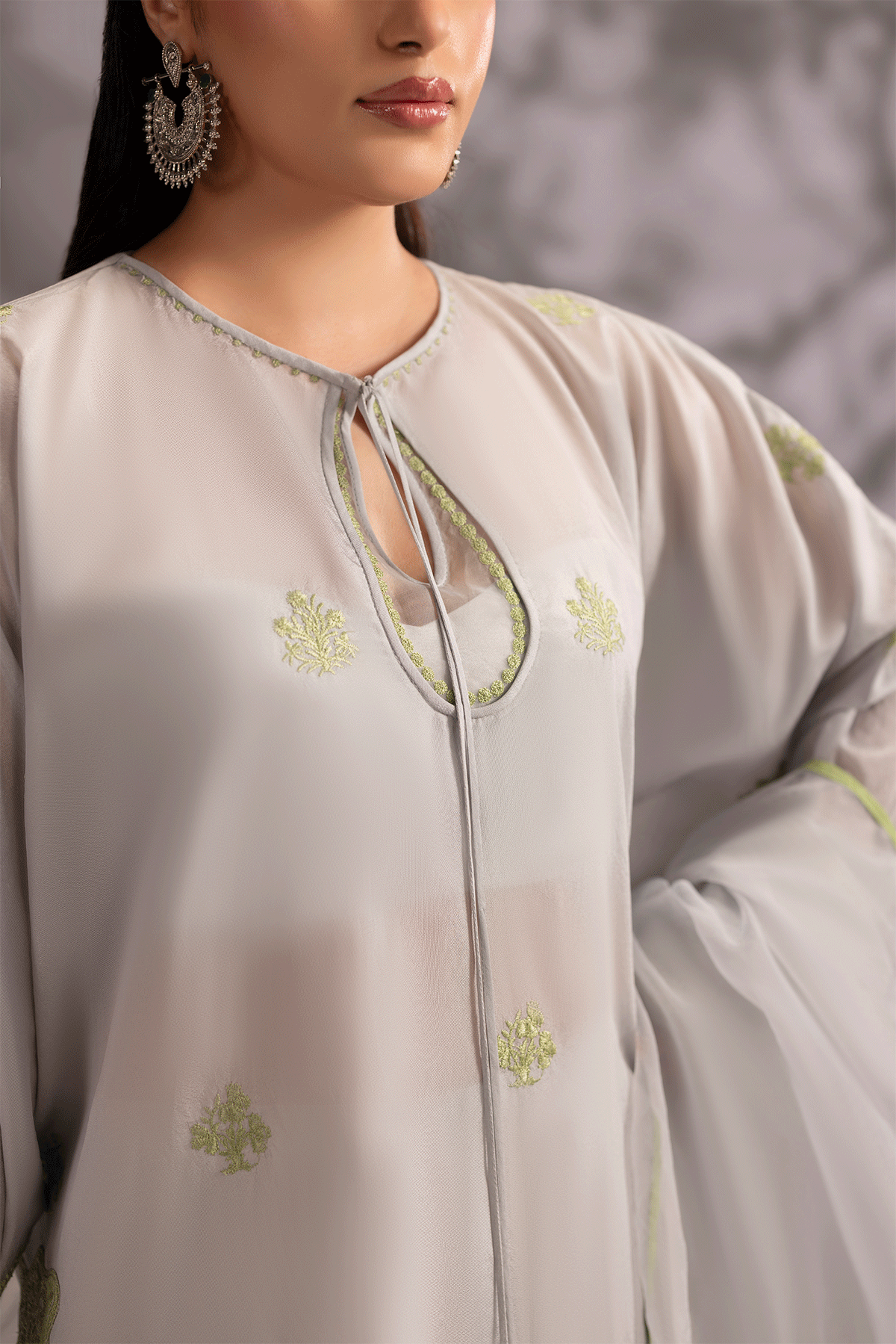 Erum Khan | Summer Whisper | Power Queen-Brand:Erum Khan-Type:Ladies Clothes-Light Gray-Tissue Silk-House of Maryam- Buy in UK, USA