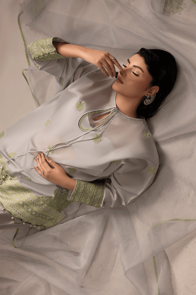 Erum Khan | Summer Whisper | Power Queen-Brand:Erum Khan-Type:Ladies Clothes-Light Gray-Tissue Silk-House of Maryam- Buy in UK, USA