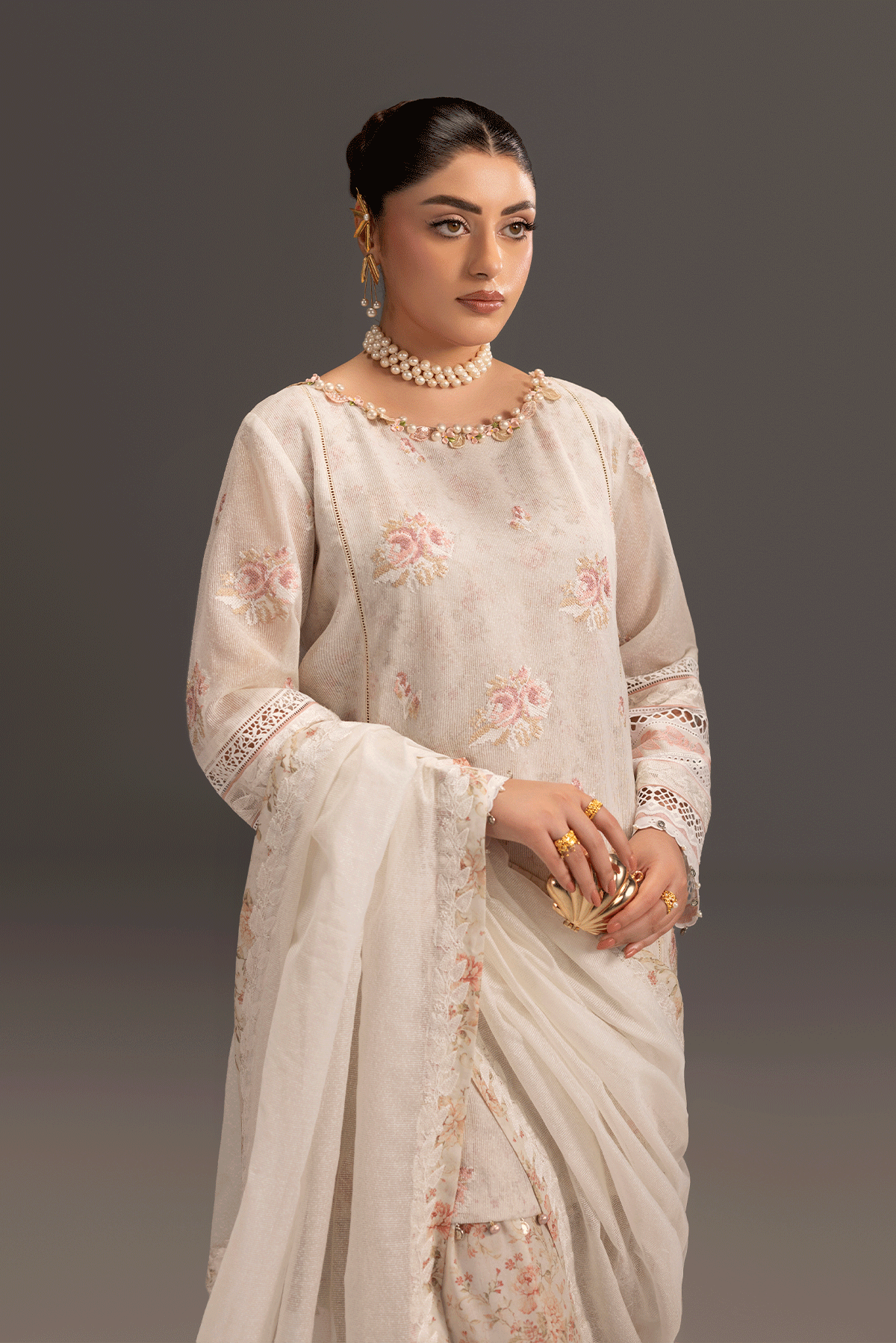 Erum Khan | Summer Whisper | Queen Radiance-Brand:Erum Khan-Type:Ladies Clothes-Ivory-Cotton Net-House of Maryam- Buy in UK, USA