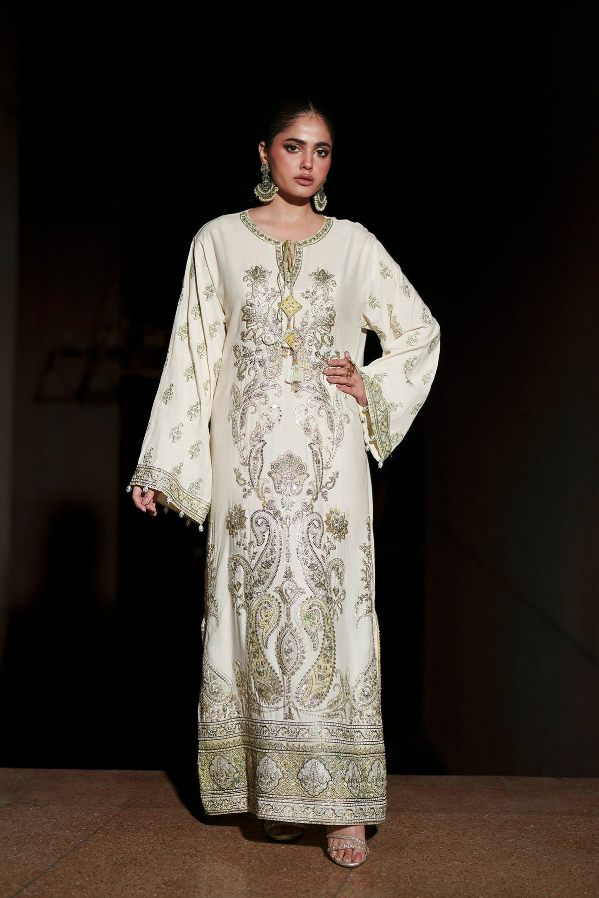 Ethnc | Luxe Boutique | Embroidered Kaftan (E1002/104/005)-Brand:Ethnc-Type:Boutique-Vanilla Ice - House of Maryam- Buy in UK, USA