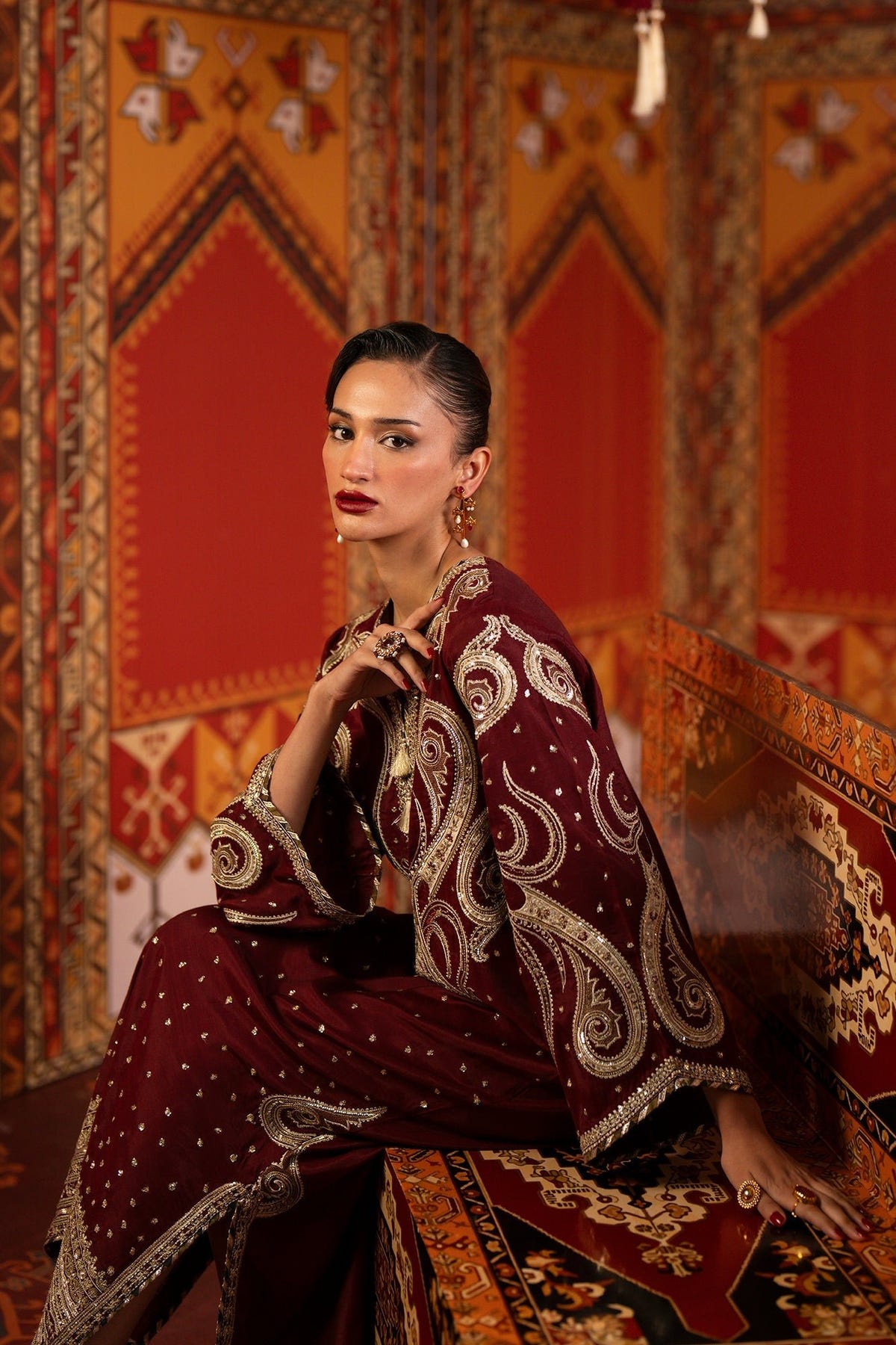 Ethnc | Luxe Boutique | Embroidered Kaftan (E1069/104/415)-Brand:Ethnc-Type:Boutique-Burgundy - House of Maryam- Buy in UK, USA