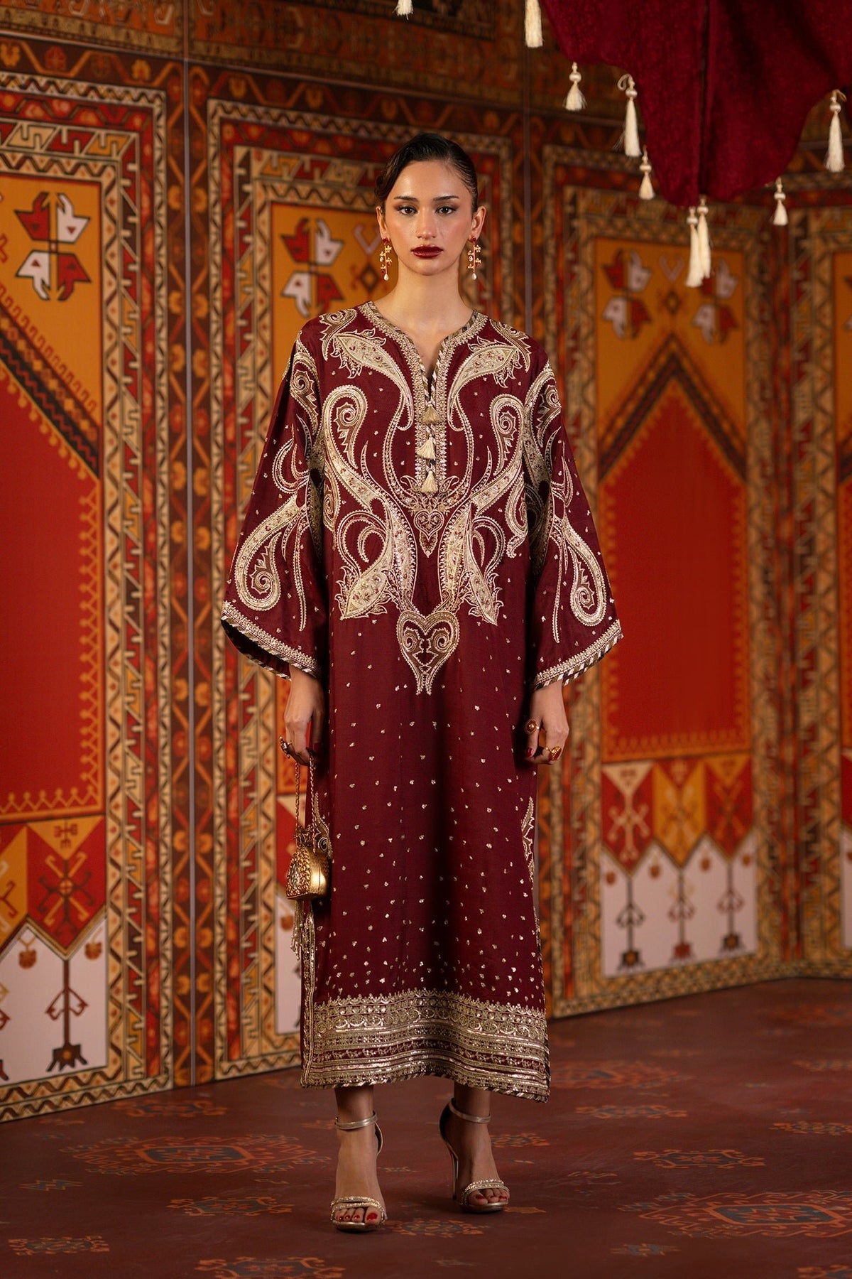 Ethnc | Luxe Boutique | Embroidered Kaftan (E1069/104/415)-Brand:Ethnc-Type:Boutique-Burgundy - House of Maryam- Buy in UK, USA