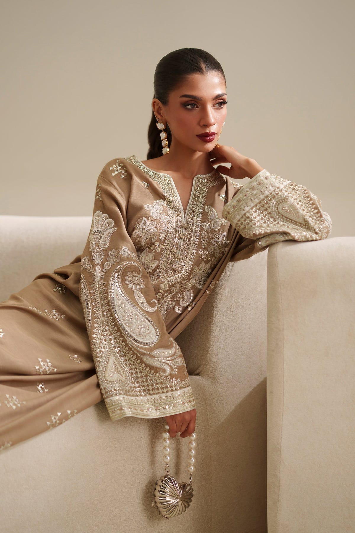 Ethnc | Luxe Boutique | Embroidered Kaftan (E1075/104/007)-Brand:Ethnc-Type:Boutique-Sand - House of Maryam- Buy in UK, USA