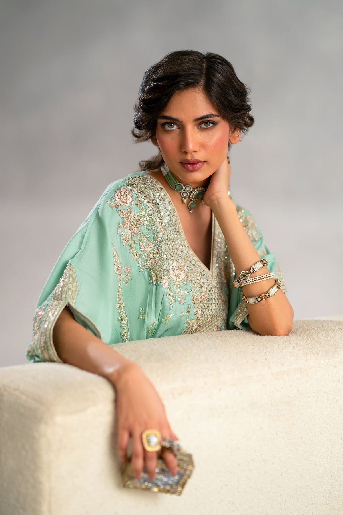 Ethnc | Luxe Boutique | Embroidered Kaftan (E1087/104/718)-Brand:Ethnc-Type:Boutique-Dull Green - House of Maryam- Buy in UK, USA