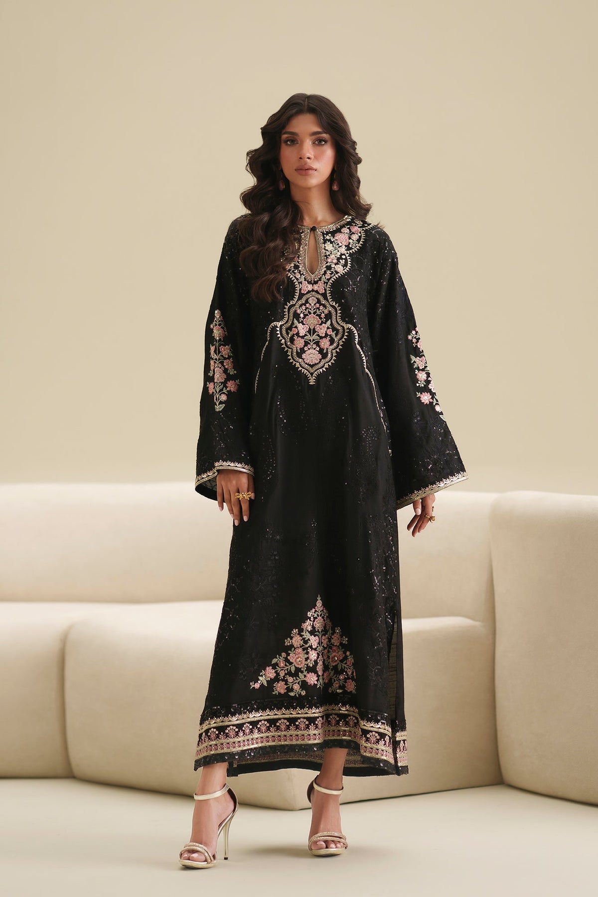 Ethnc | Luxe Boutique | Embroidered Kaftan (E1088/104/902)-Brand:Ethnc-Type:Boutique-Jet Black - House of Maryam- Buy in UK, USA