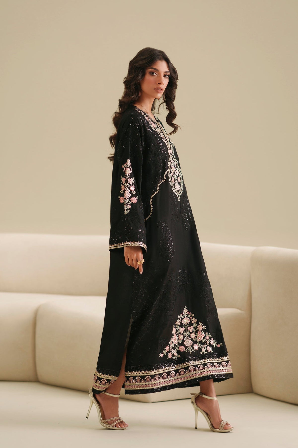 Ethnc | Luxe Boutique | Embroidered Kaftan (E1088/104/902)-Brand:Ethnc-Type:Boutique-Jet Black - House of Maryam- Buy in UK, USA