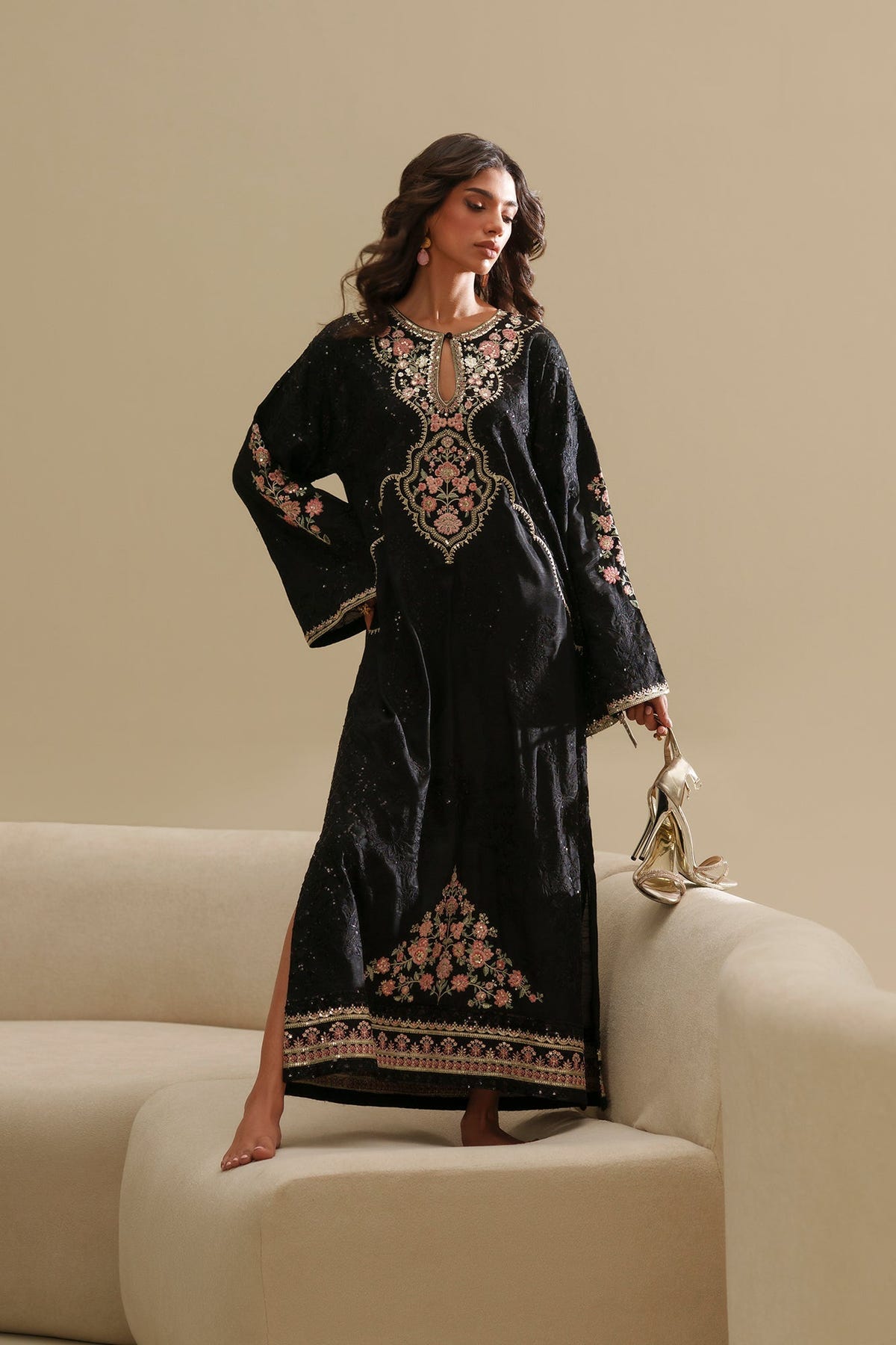 Ethnc | Luxe Boutique | Embroidered Kaftan (E1088/104/902)-Brand:Ethnc-Type:Boutique-Jet Black - House of Maryam- Buy in UK, USA