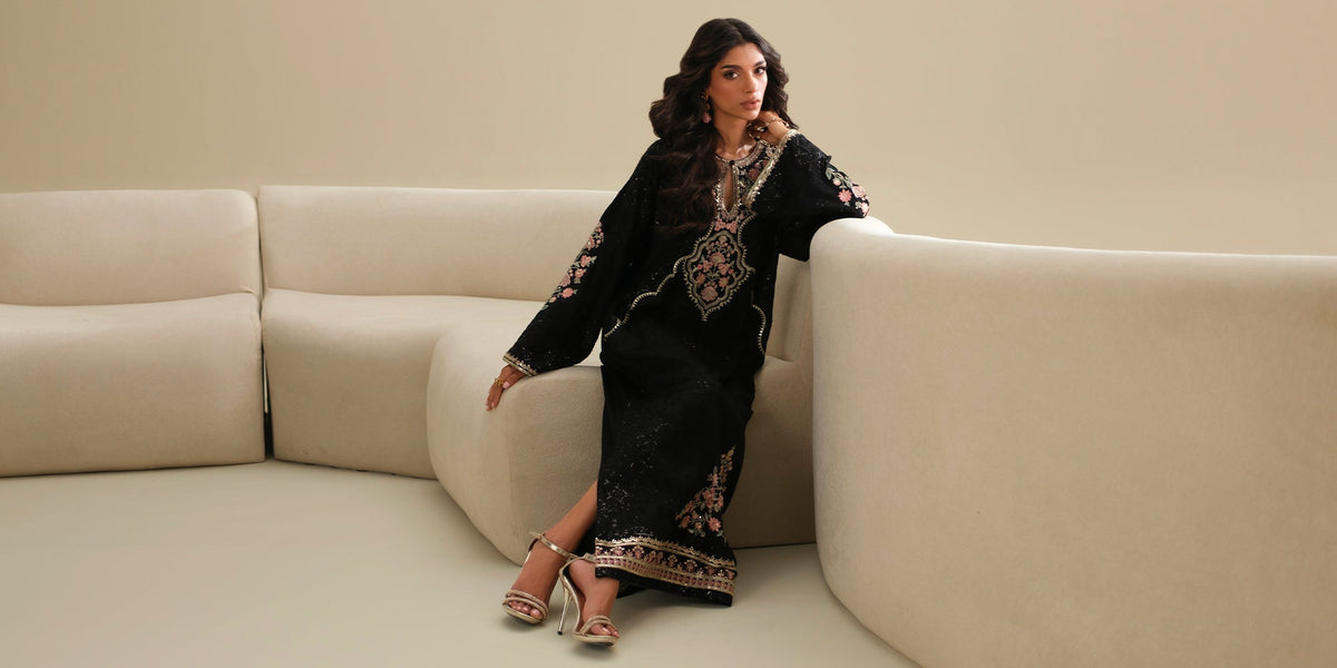 Ethnc | Luxe Boutique | Embroidered Kaftan (E1088/104/902)-Brand:Ethnc-Type:Boutique-Jet Black - House of Maryam- Buy in UK, USA