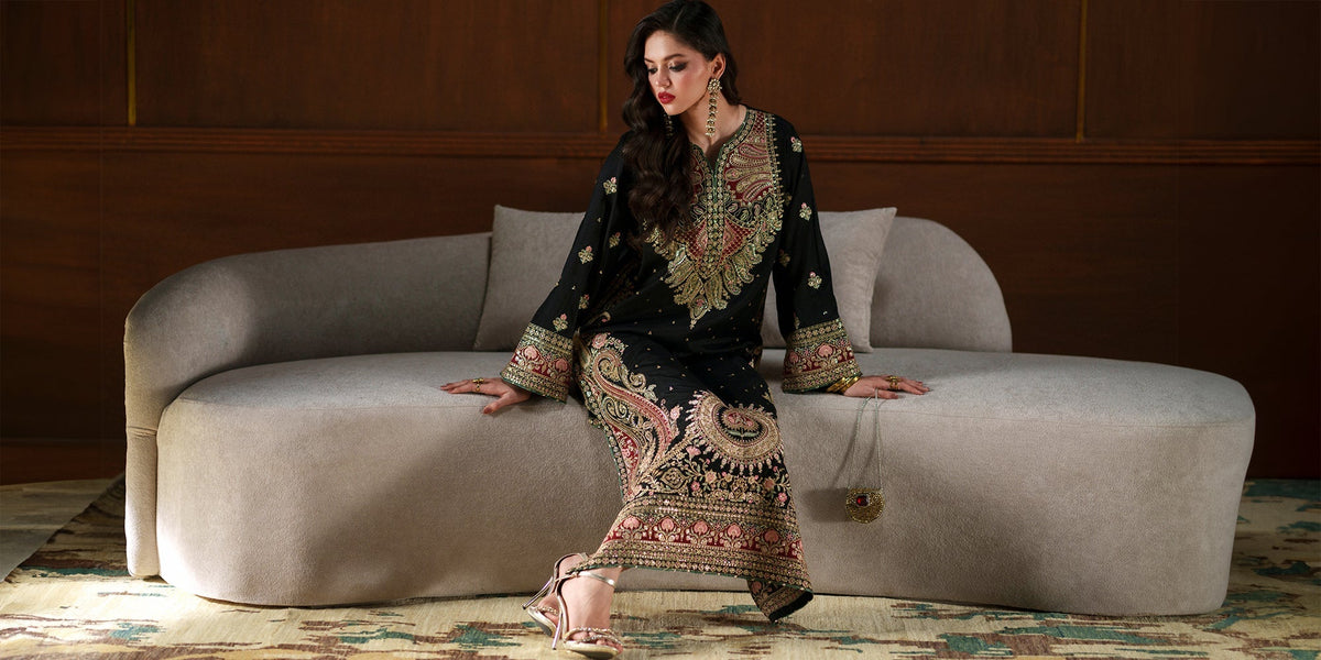 Ethnc | Luxe Boutique | Embroidered Kaftan (E1098/104/902)-Brand:Ethnc-Type:Boutique-Jet Black - House of Maryam- Buy in UK, USA