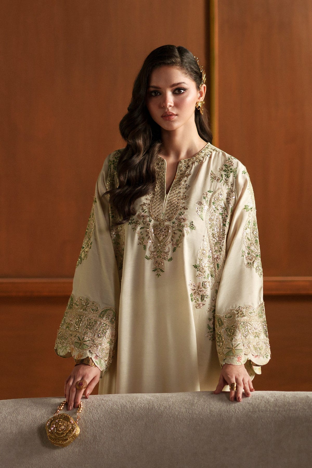 Ethnc | Luxe Boutique | Embroidered Kaftan (E1112/104/006)-Brand:Ethnc-Type:Boutique-Antique White - House of Maryam- Buy in UK, USA