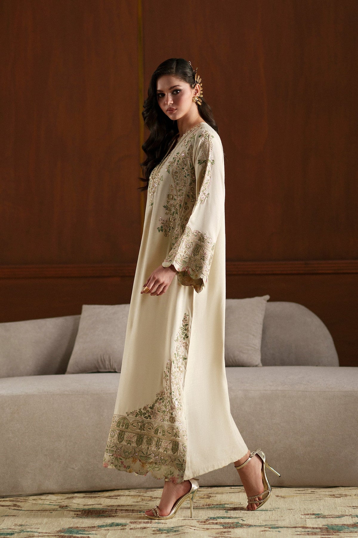 Ethnc | Luxe Boutique | Embroidered Kaftan (E1112/104/006)-Brand:Ethnc-Type:Boutique-Antique White - House of Maryam- Buy in UK, USA