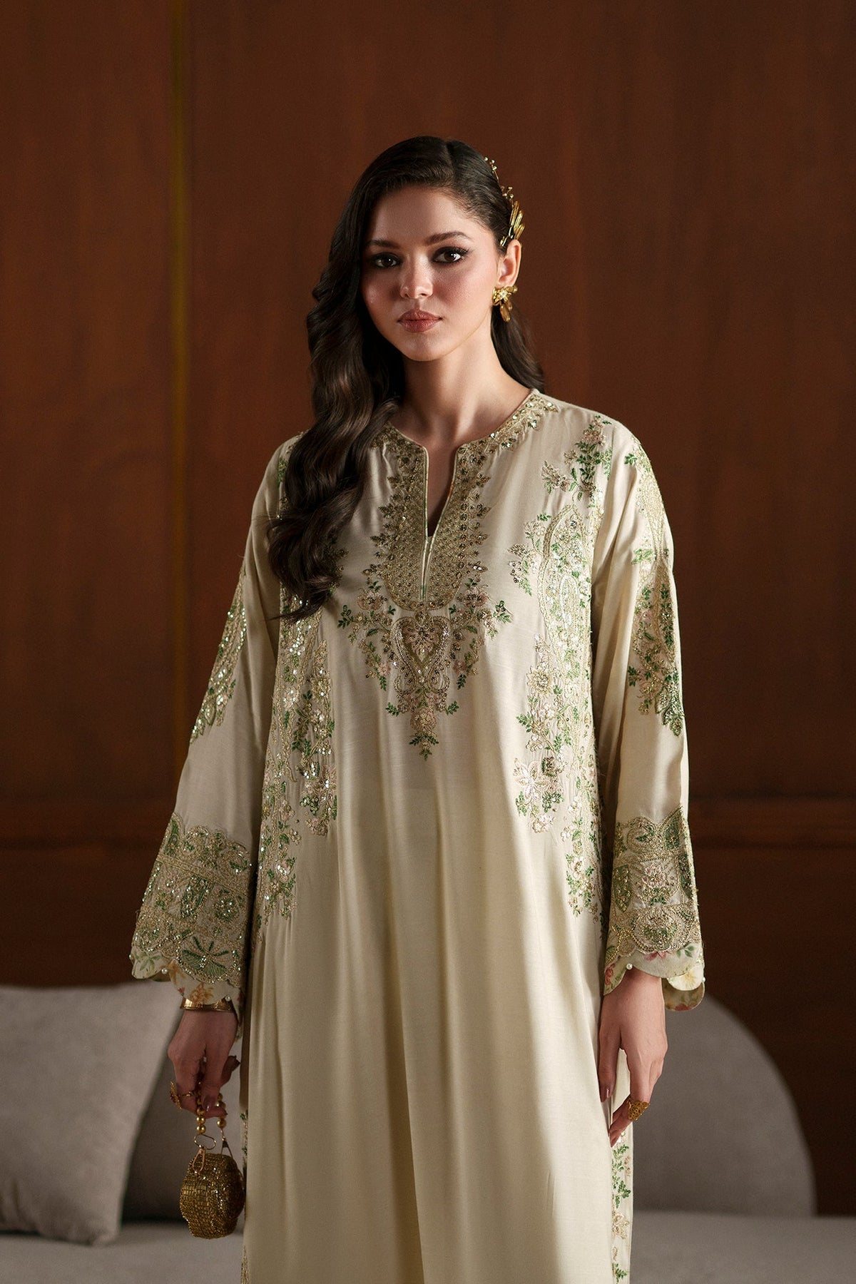 Ethnc | Luxe Boutique | Embroidered Kaftan (E1112/104/006)-Brand:Ethnc-Type:Boutique-Antique White - House of Maryam- Buy in UK, USA