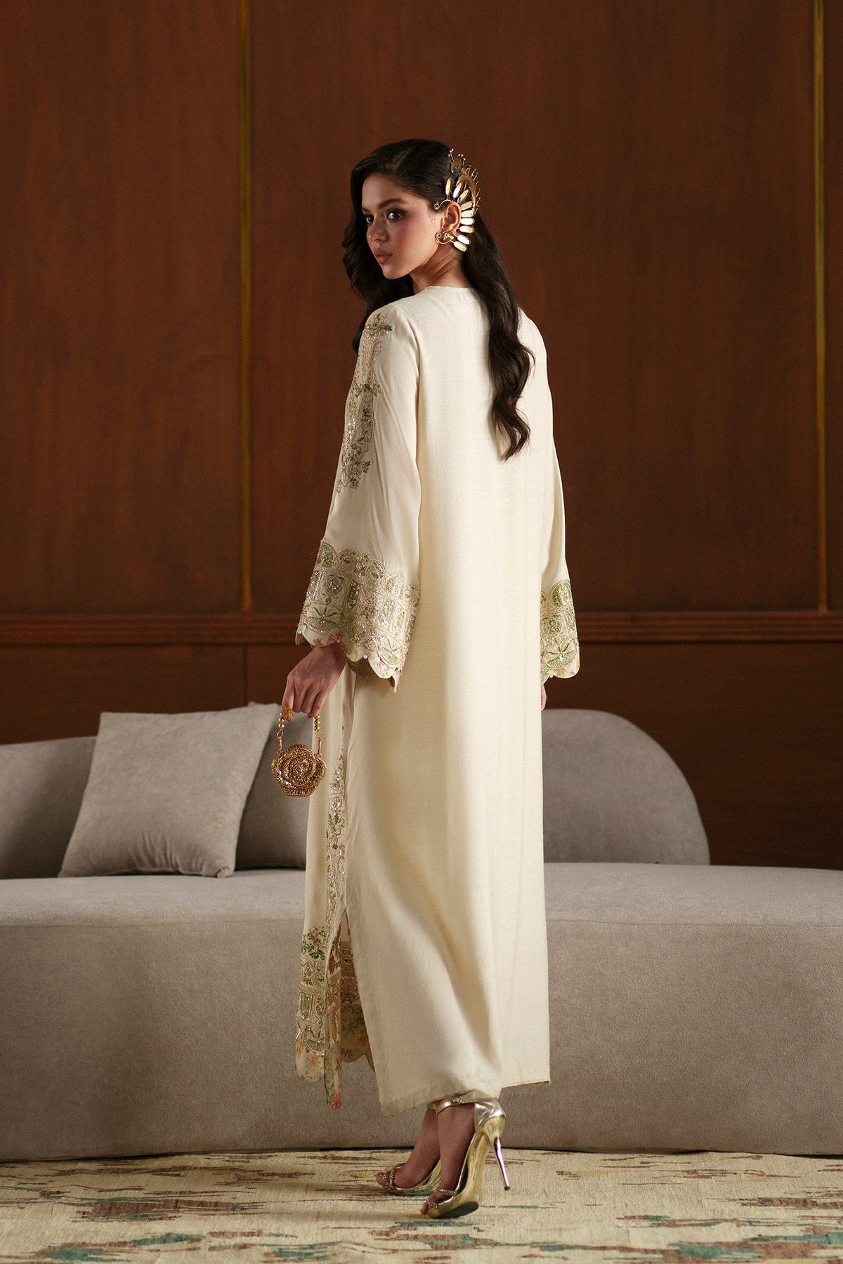 Ethnc | Luxe Boutique | Embroidered Kaftan (E1112/104/006)-Brand:Ethnc-Type:Boutique-Antique White - House of Maryam- Buy in UK, USA