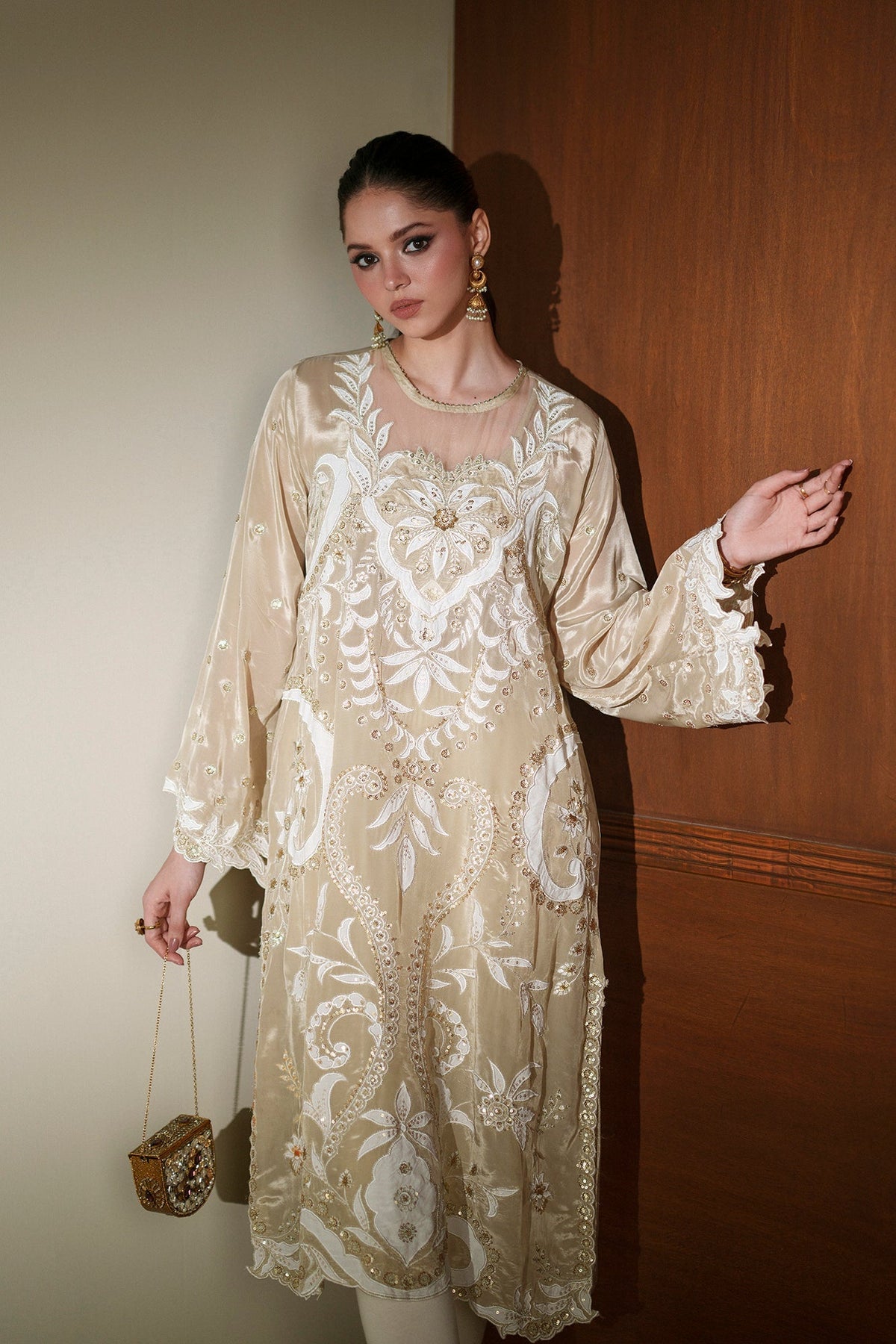Ethnc | Luxe Boutique | Embroidered Shirt (E1019/104/112)-Brand:Ethnc-Type:Boutique-Yellow Beige - House of Maryam- Buy in UK, USA
