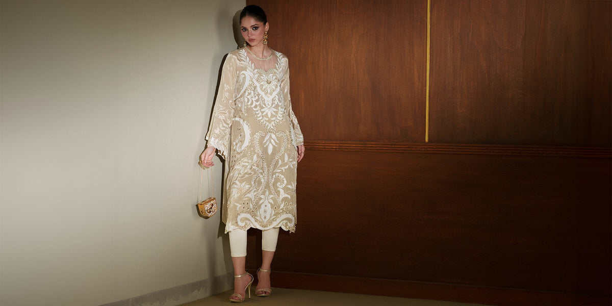 Ethnc | Luxe Boutique | Embroidered Shirt (E1019/104/112)-Brand:Ethnc-Type:Boutique-Yellow Beige - House of Maryam- Buy in UK, USA