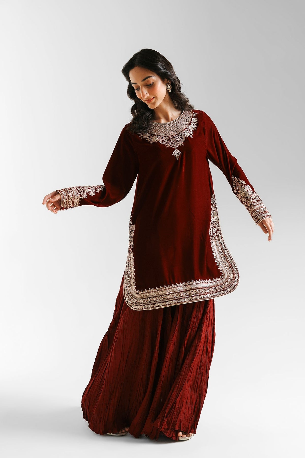 Ethnc | Luxe Boutique | Embroidered Suit (E0962/104/414)-Brand:Ethnc-Type:Boutique-Deep Burgundy - House of Maryam- Buy in UK, USA