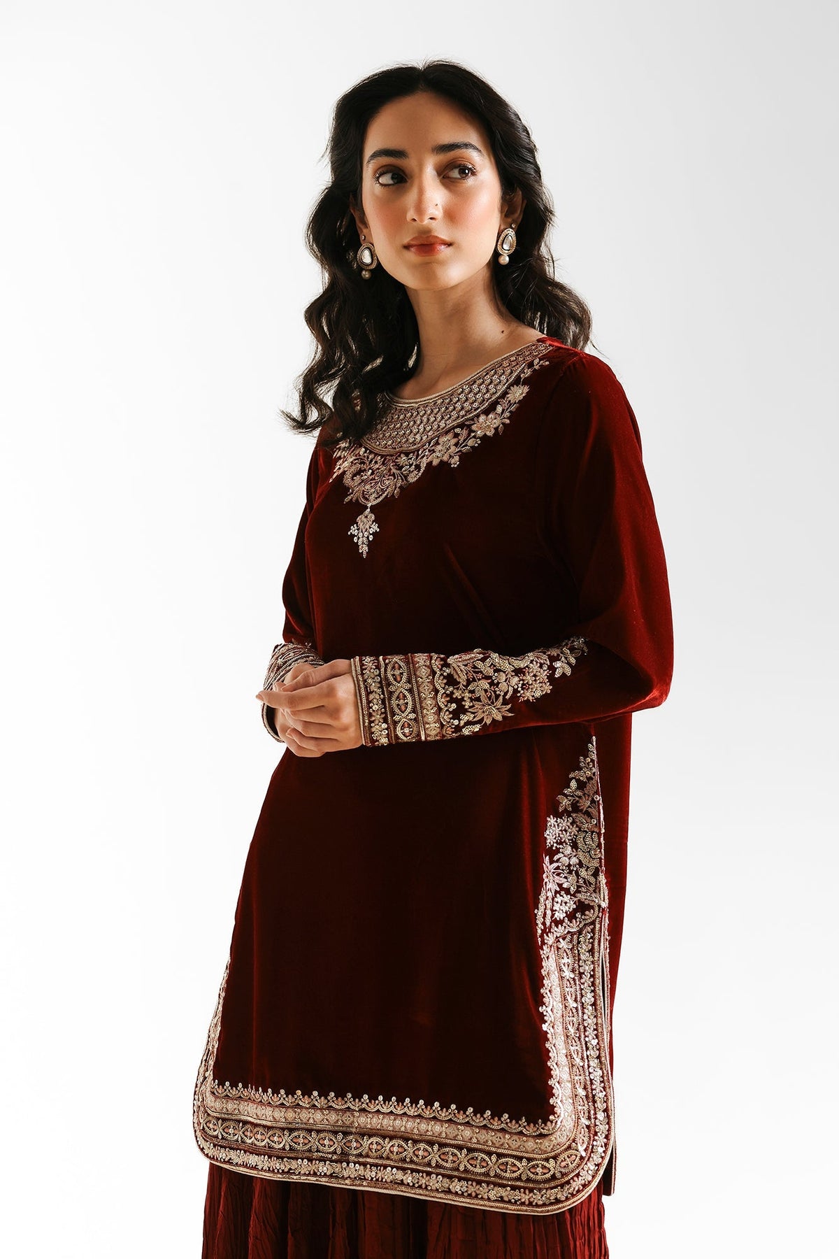 Ethnc | Luxe Boutique | Embroidered Suit (E0962/104/414)-Brand:Ethnc-Type:Boutique-Deep Burgundy - House of Maryam- Buy in UK, USA