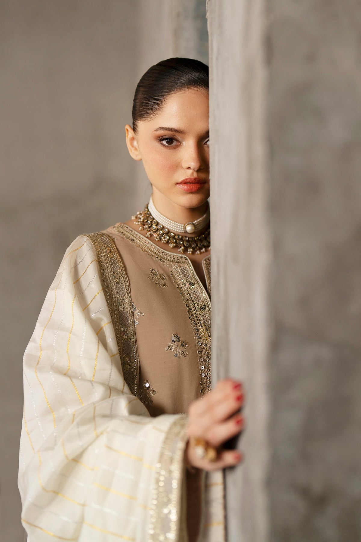 Ethnc | Luxe Boutique | Embroidered Suit (E1012/104/113)-Brand:Ethnc-Type:Boutique-Beige - House of Maryam- Buy in UK, USA