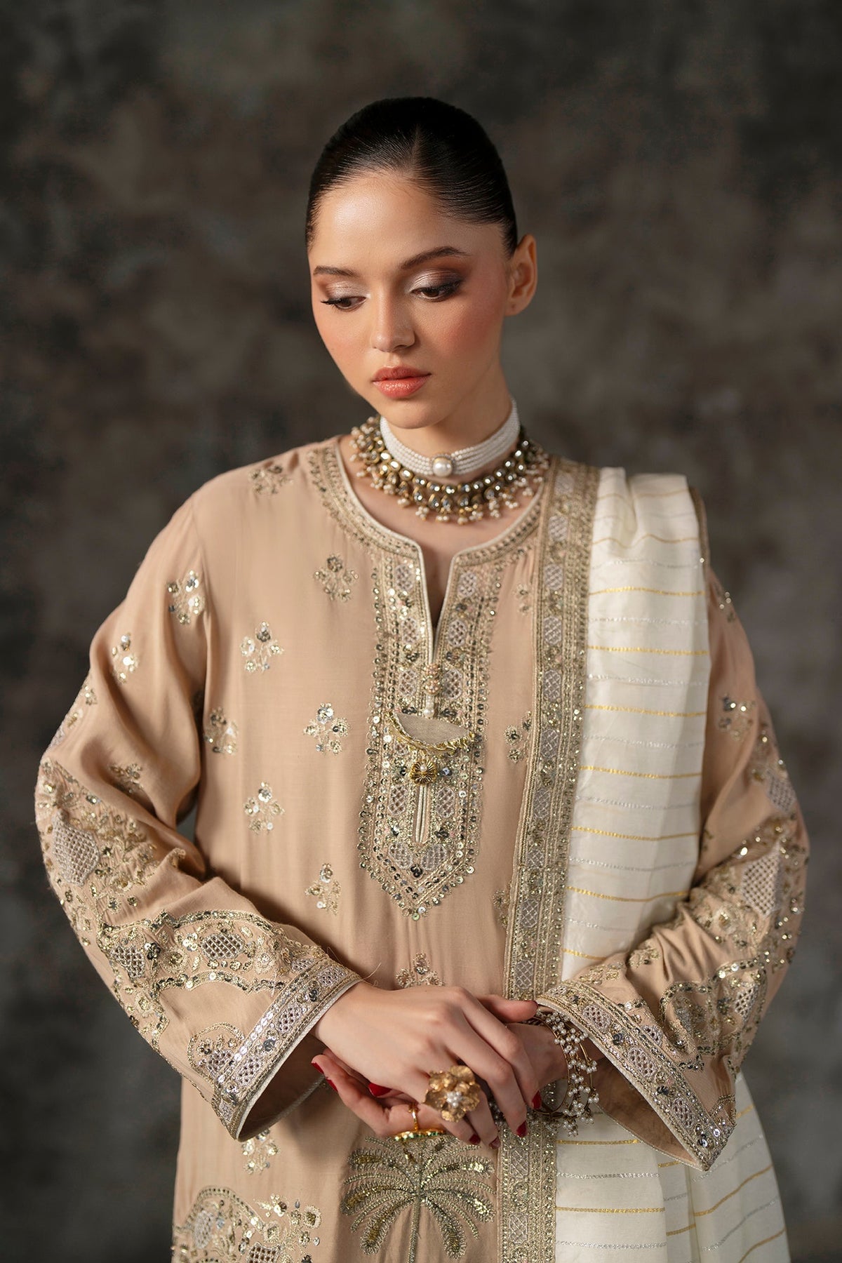 Ethnc | Luxe Boutique | Embroidered Suit (E1012/104/113)-Brand:Ethnc-Type:Boutique-Beige - House of Maryam- Buy in UK, USA