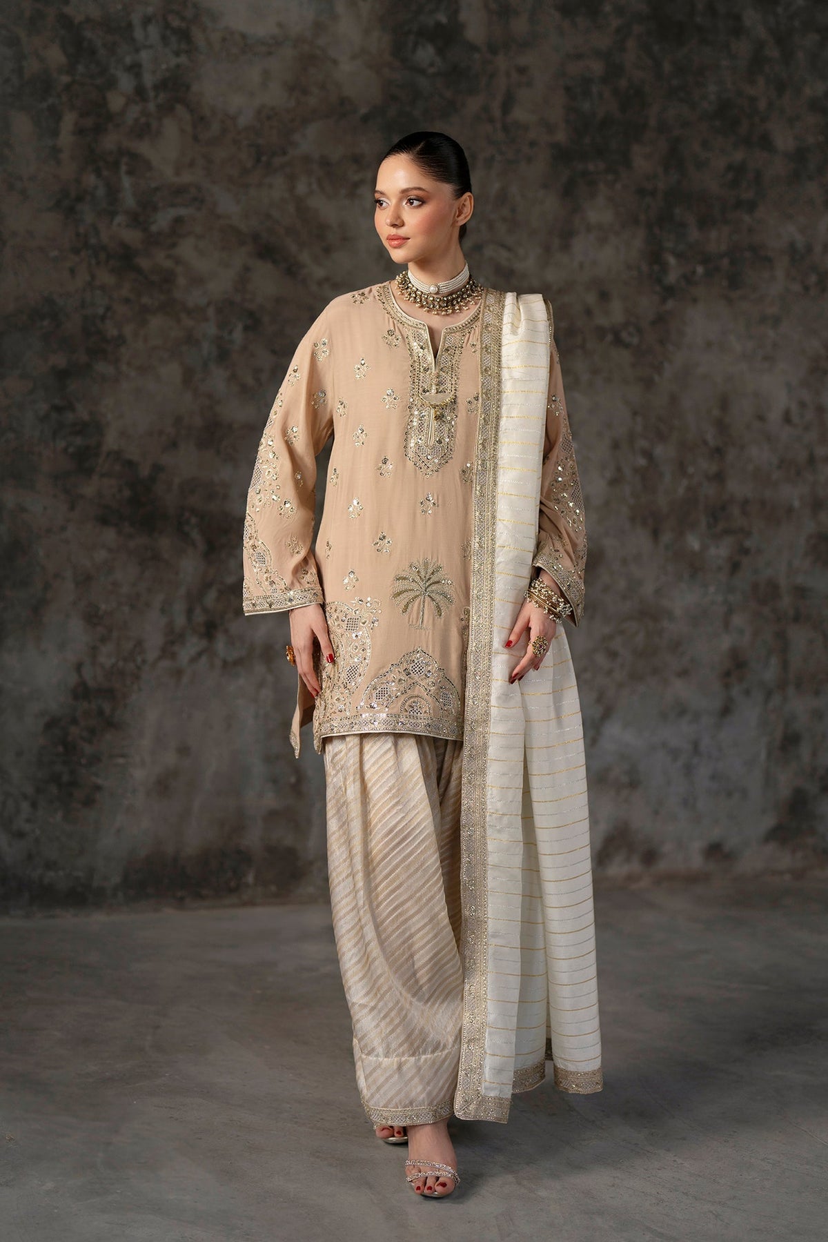 Ethnc | Luxe Boutique | Embroidered Suit (E1012/104/113)-Brand:Ethnc-Type:Boutique-Beige - House of Maryam- Buy in UK, USA