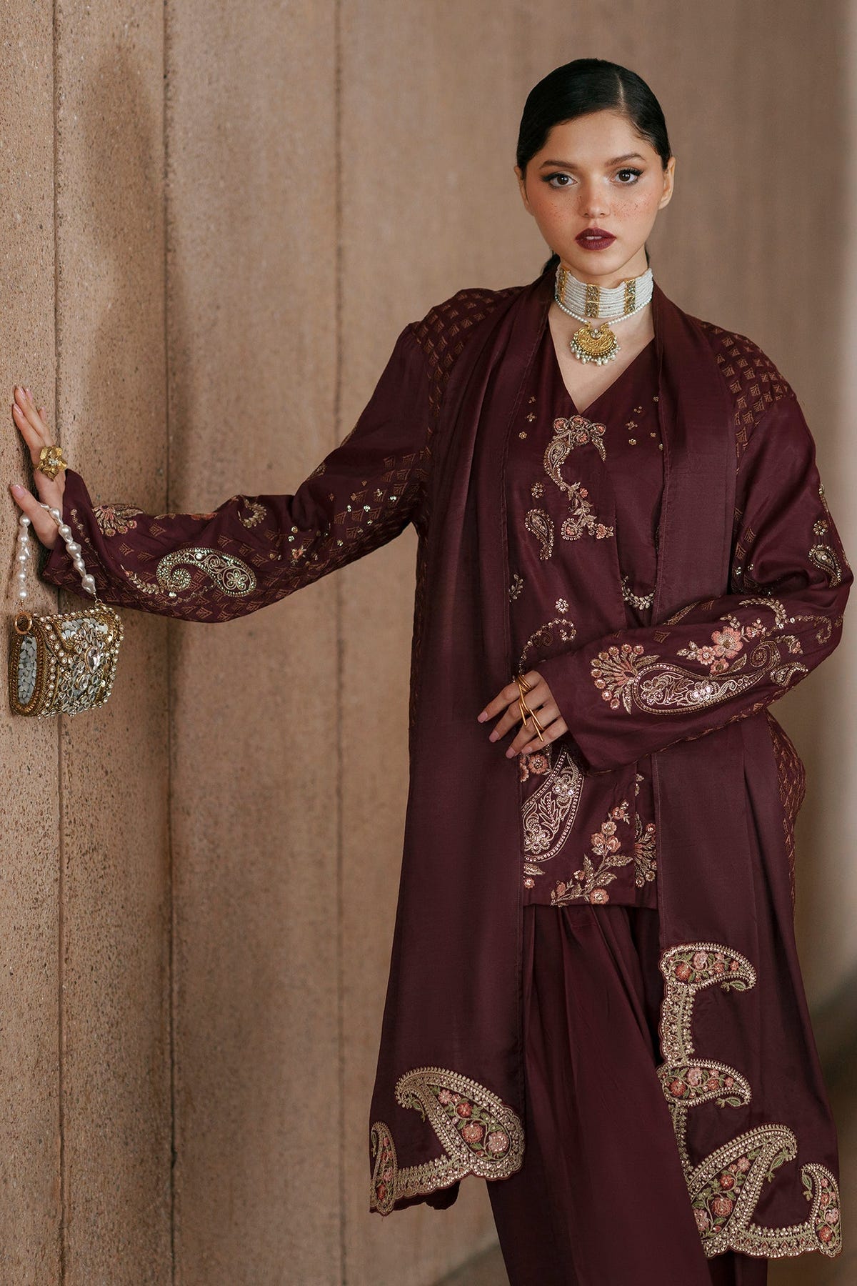 Ethnc | Luxe Boutique | Embroidered Suit (E1048/104/318)-Brand:Ethnc-Type:Boutique-Chocolate - House of Maryam- Buy in UK, USA