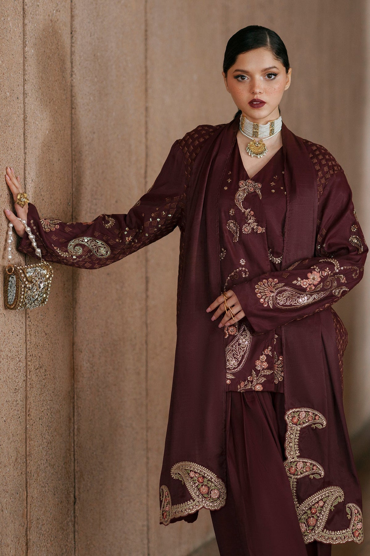 Ethnc | Luxe Boutique | Embroidered Suit (E1048/104/318)-Brand:Ethnc-Type:Boutique-Chocolate - House of Maryam- Buy in UK, USA