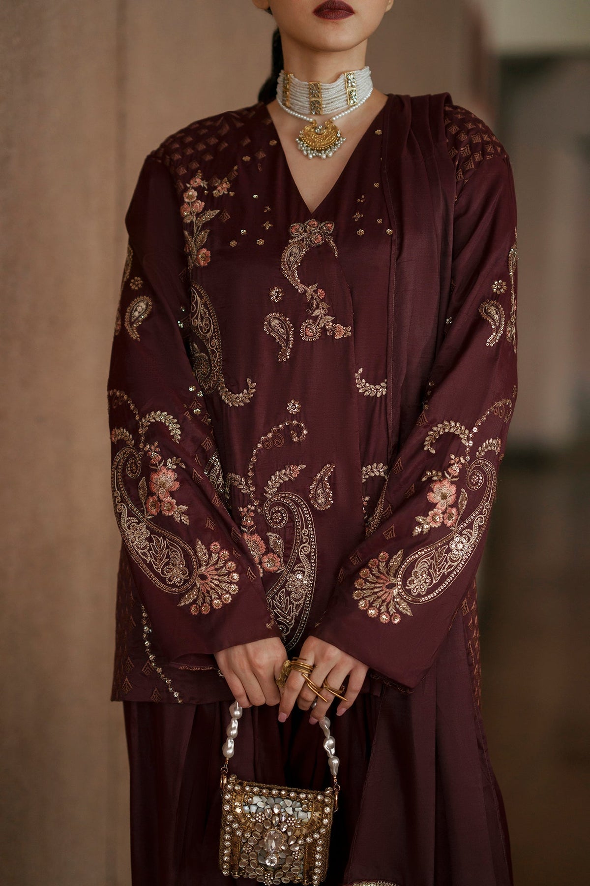 Ethnc | Luxe Boutique | Embroidered Suit (E1048/104/318)-Brand:Ethnc-Type:Boutique-Chocolate - House of Maryam- Buy in UK, USA