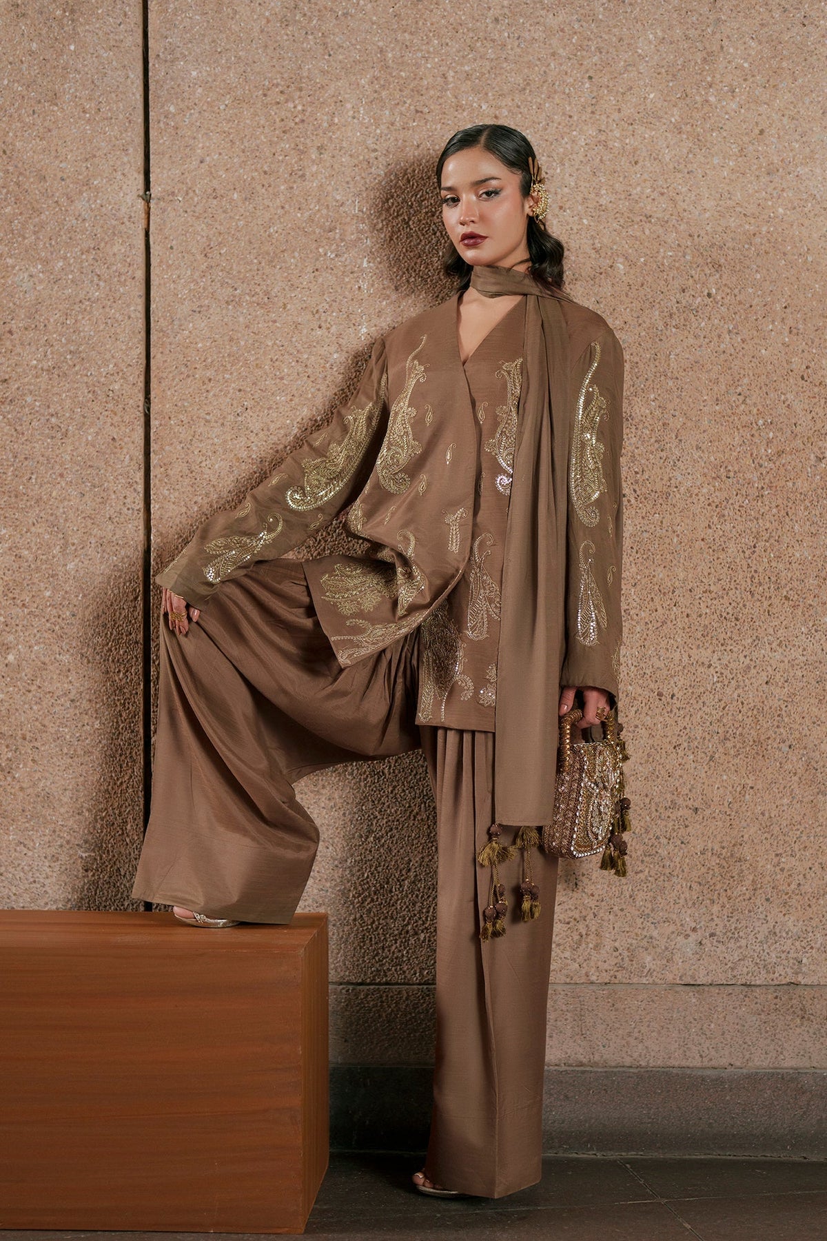 Ethnc | Luxe Boutique | Embroidered Suit (E1049/104/118)-Brand:Ethnc-Type:Boutique-Khaki - House of Maryam- Buy in UK, USA