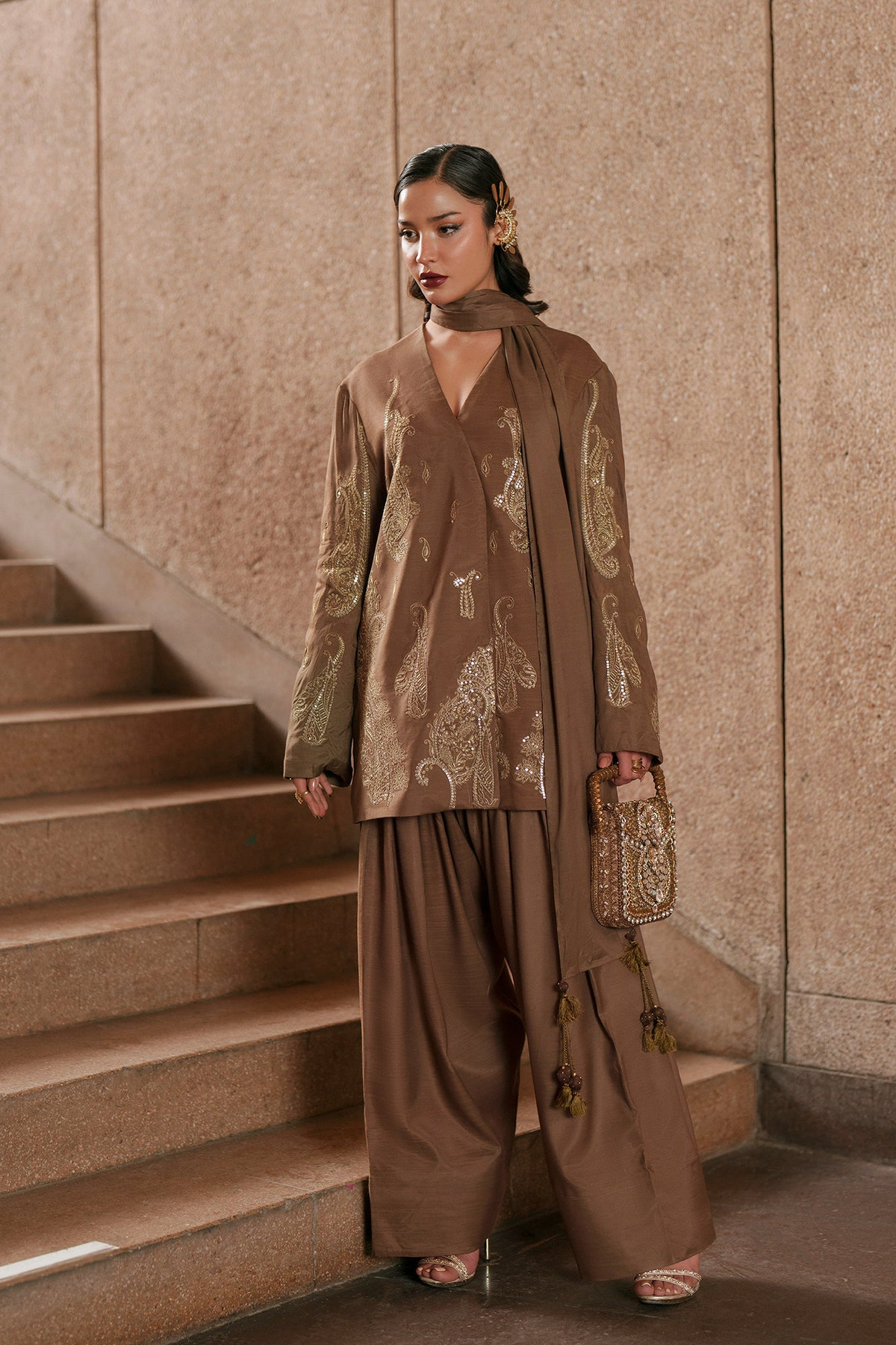 Ethnc | Luxe Boutique | Embroidered Suit (E1049/104/118)-Brand:Ethnc-Type:Boutique-Khaki - House of Maryam- Buy in UK, USA