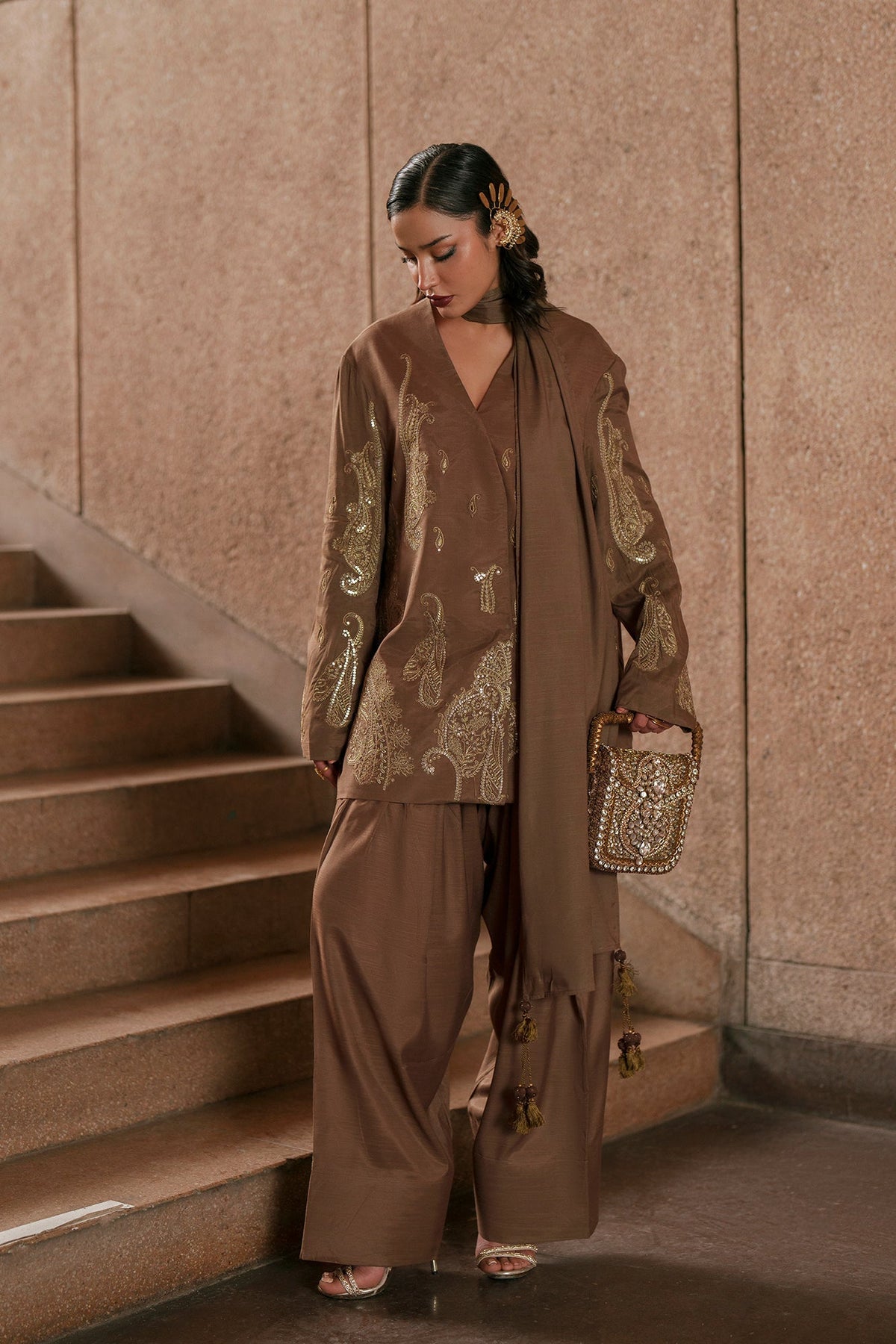 Ethnc | Luxe Boutique | Embroidered Suit (E1049/104/118)-Brand:Ethnc-Type:Boutique-Khaki - House of Maryam- Buy in UK, USA