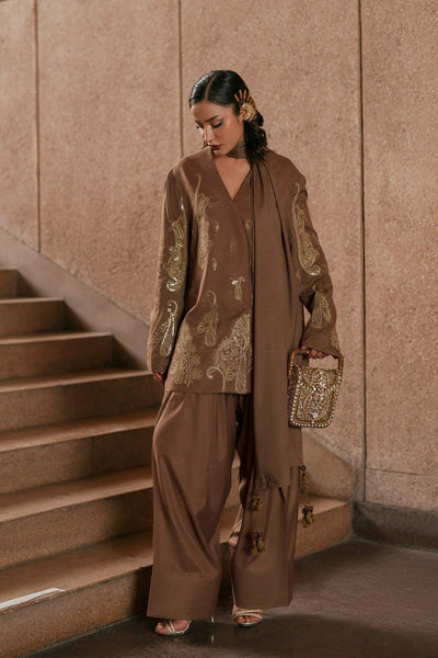 Ethnc | Luxe Boutique | Embroidered Suit (E1049/104/118)-Brand:Ethnc-Type:Boutique-Khaki - House of Maryam- Buy in UK, USA