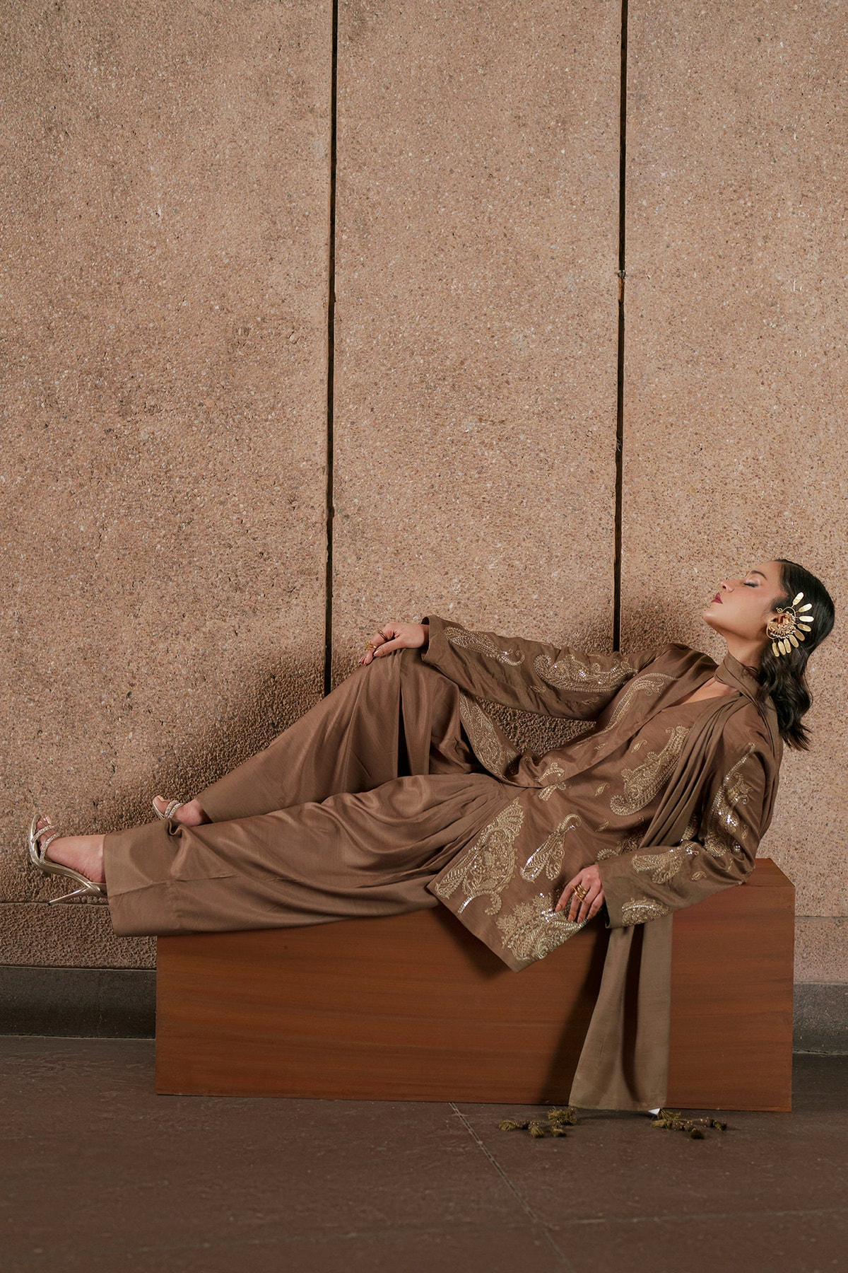 Ethnc | Luxe Boutique | Embroidered Suit (E1049/104/118)-Brand:Ethnc-Type:Boutique-Khaki - House of Maryam- Buy in UK, USA