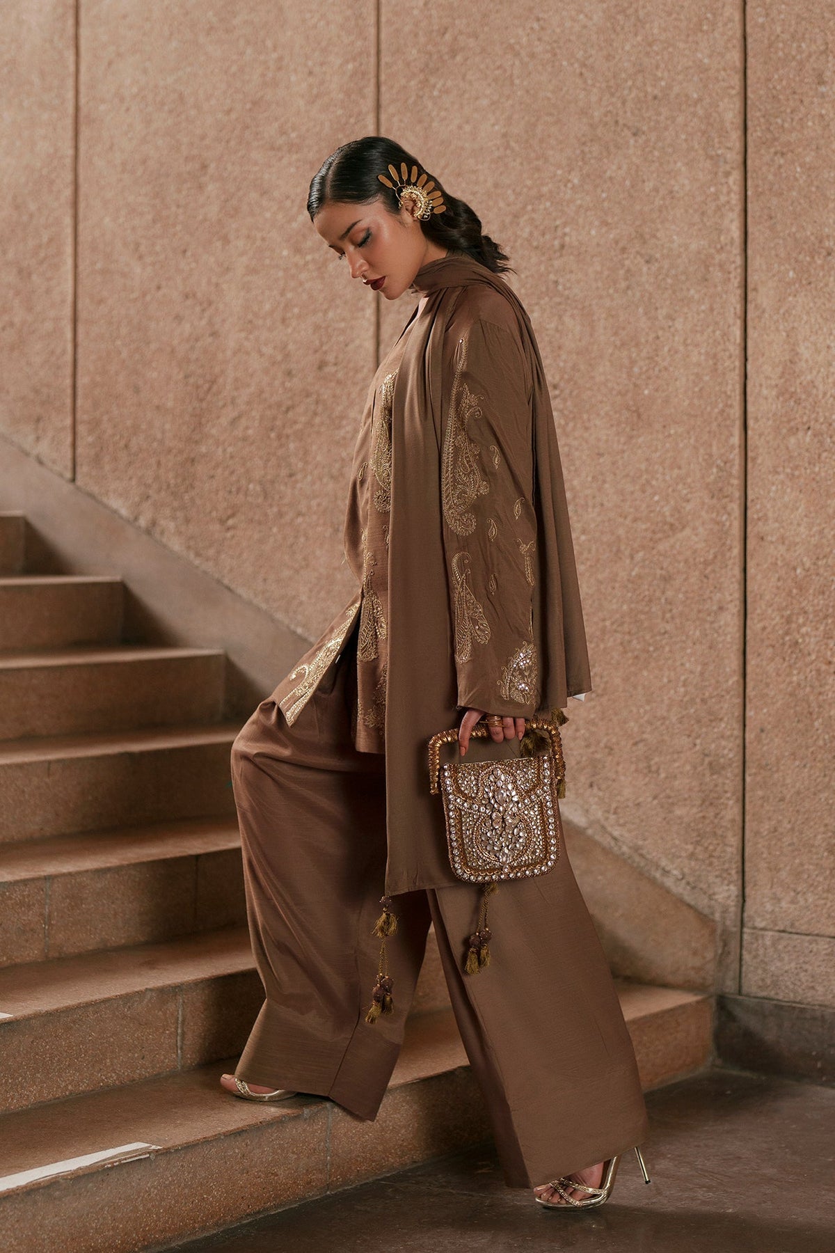 Ethnc | Luxe Boutique | Embroidered Suit (E1049/104/118)-Brand:Ethnc-Type:Boutique-Khaki - House of Maryam- Buy in UK, USA