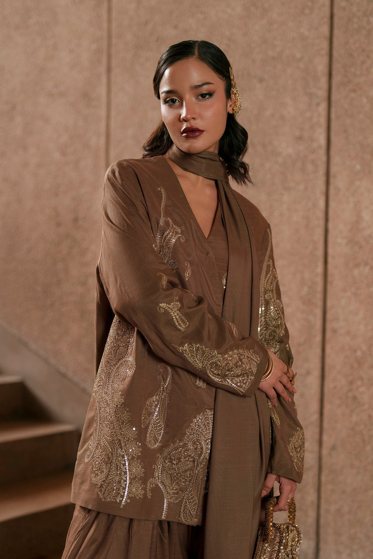 Ethnc | Luxe Boutique | Embroidered Suit (E1049/104/118)-Brand:Ethnc-Type:Boutique-Khaki - House of Maryam- Buy in UK, USA