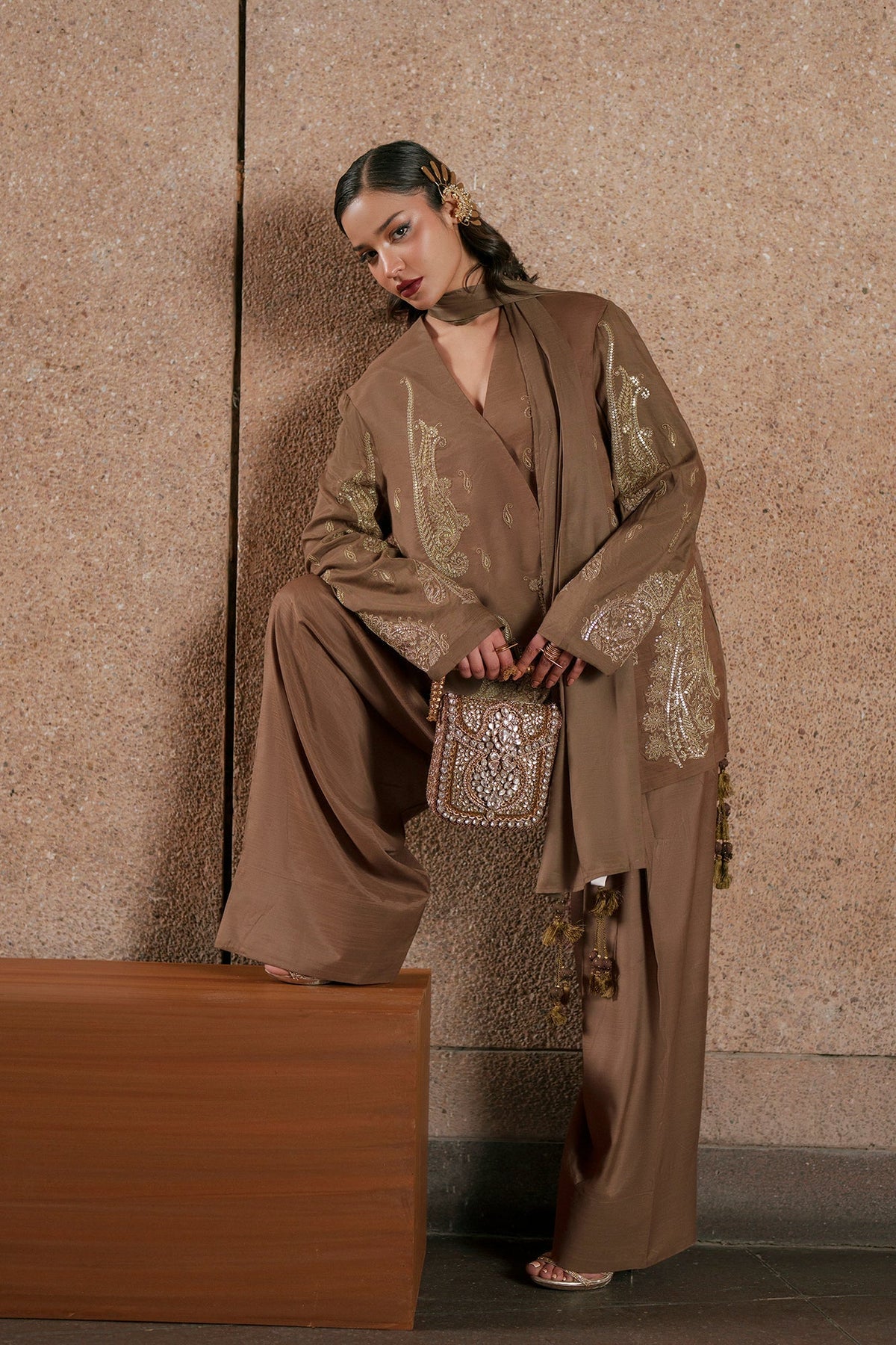 Ethnc | Luxe Boutique | Embroidered Suit (E1049/104/118)-Brand:Ethnc-Type:Boutique-Khaki - House of Maryam- Buy in UK, USA