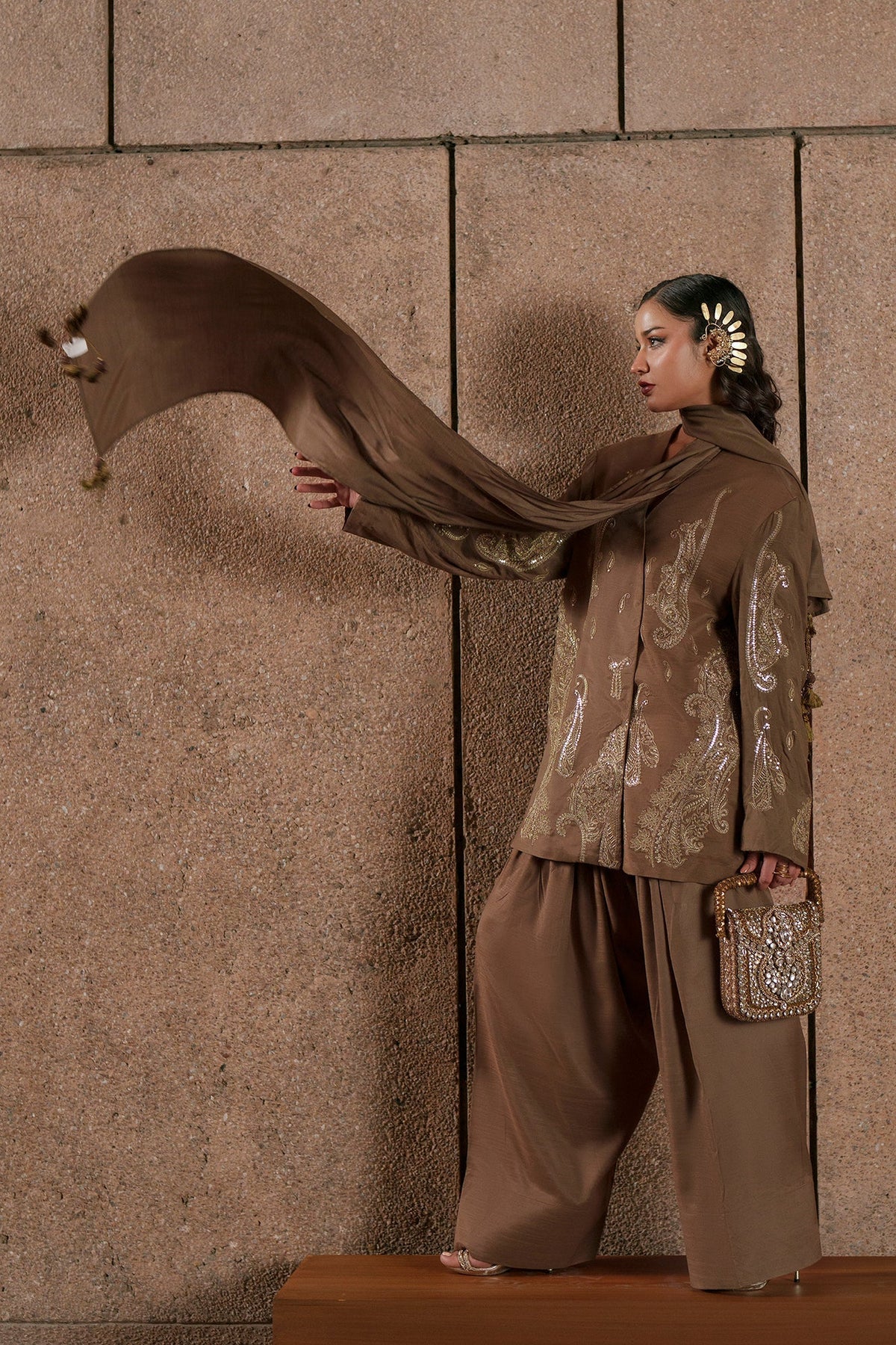 Ethnc | Luxe Boutique | Embroidered Suit (E1049/104/118)-Brand:Ethnc-Type:Boutique-Khaki - House of Maryam- Buy in UK, USA