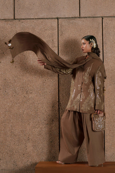 Ethnc | Luxe Boutique | Embroidered Suit (E1049/104/118)-Brand:Ethnc-Type:Boutique-Khaki - House of Maryam- Buy in UK, USA