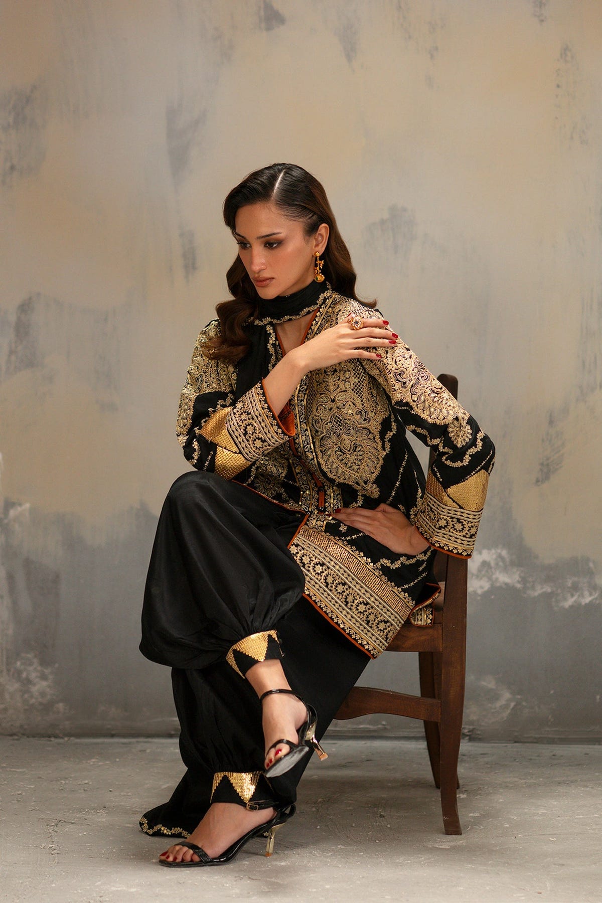 Ethnc | Luxe Boutique | Embroidered Suit (E1050/104/902)-Brand:Ethnc-Type:Boutique-Jet Black - House of Maryam- Buy in UK, USA