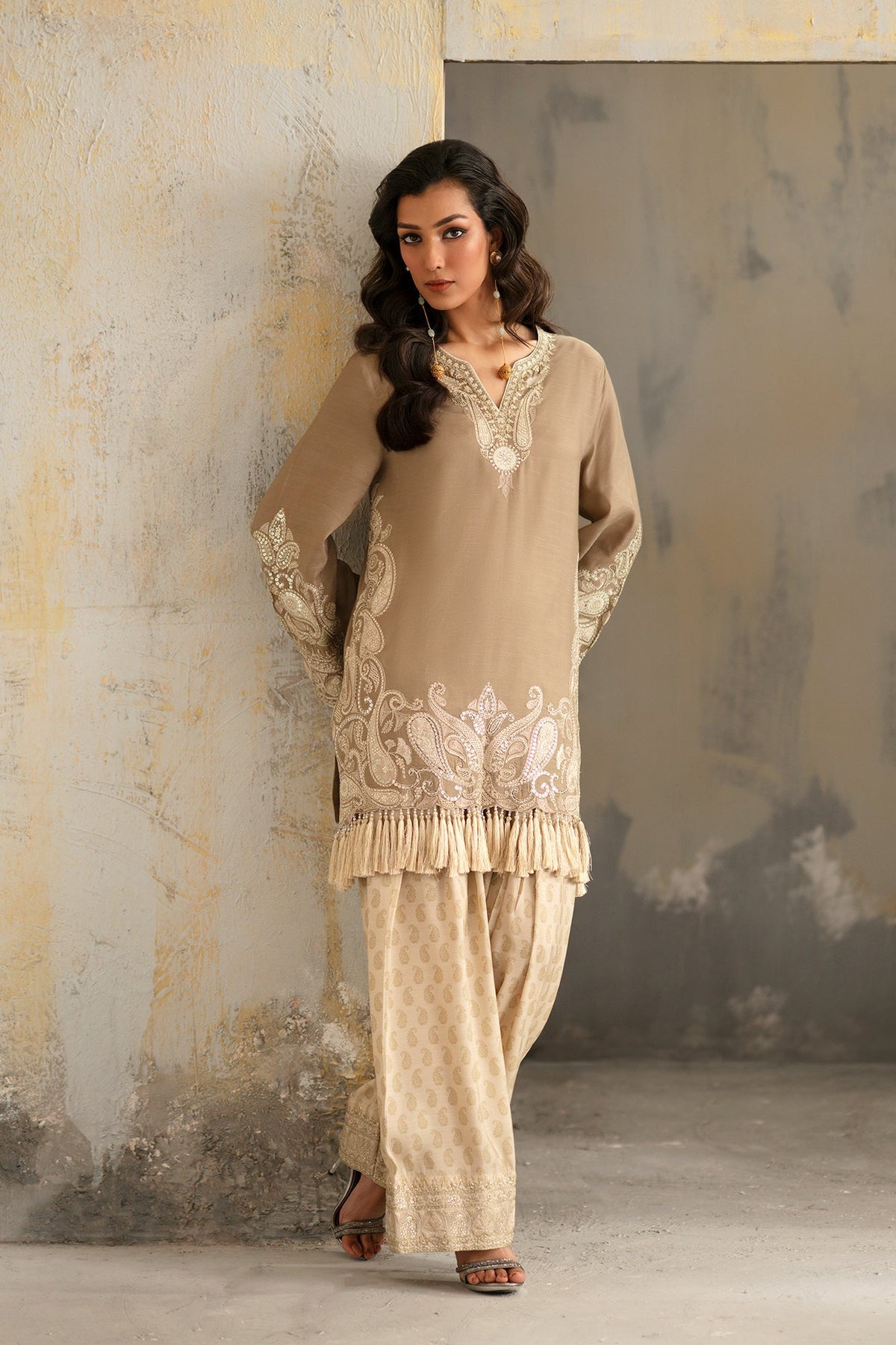Ethnc | Luxe Boutique | Embroidered Suit (E1052/104/808)-Brand:Ethnc-Type:Boutique-Peanut - House of Maryam- Buy in UK, USA