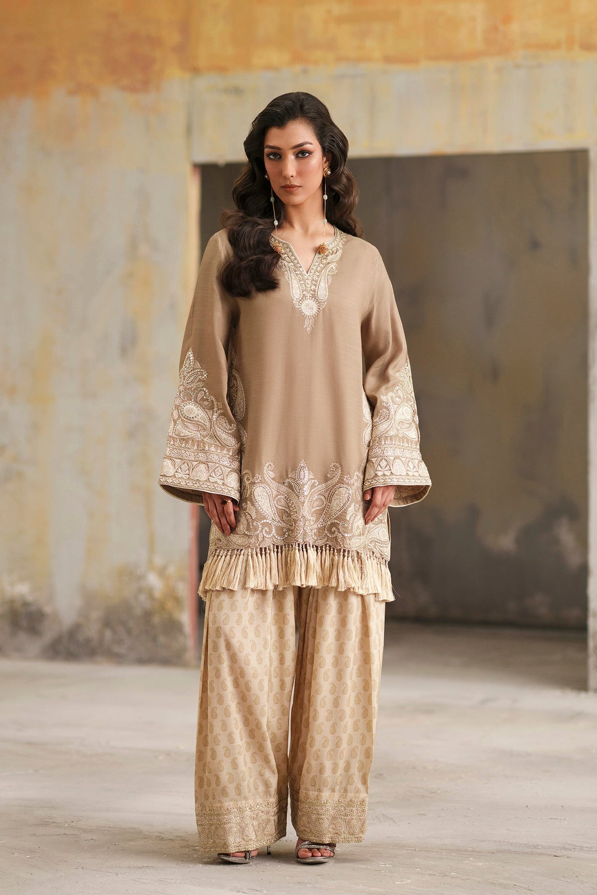 Ethnc | Luxe Boutique | Embroidered Suit (E1052/104/808)-Brand:Ethnc-Type:Boutique-Peanut - House of Maryam- Buy in UK, USA