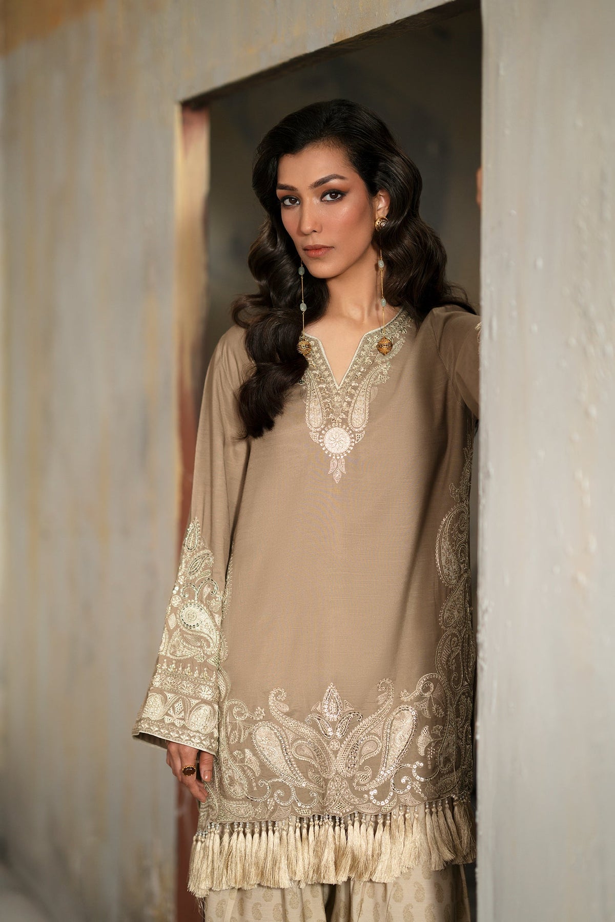 Ethnc | Luxe Boutique | Embroidered Suit (E1052/104/808)-Brand:Ethnc-Type:Boutique-Peanut - House of Maryam- Buy in UK, USA