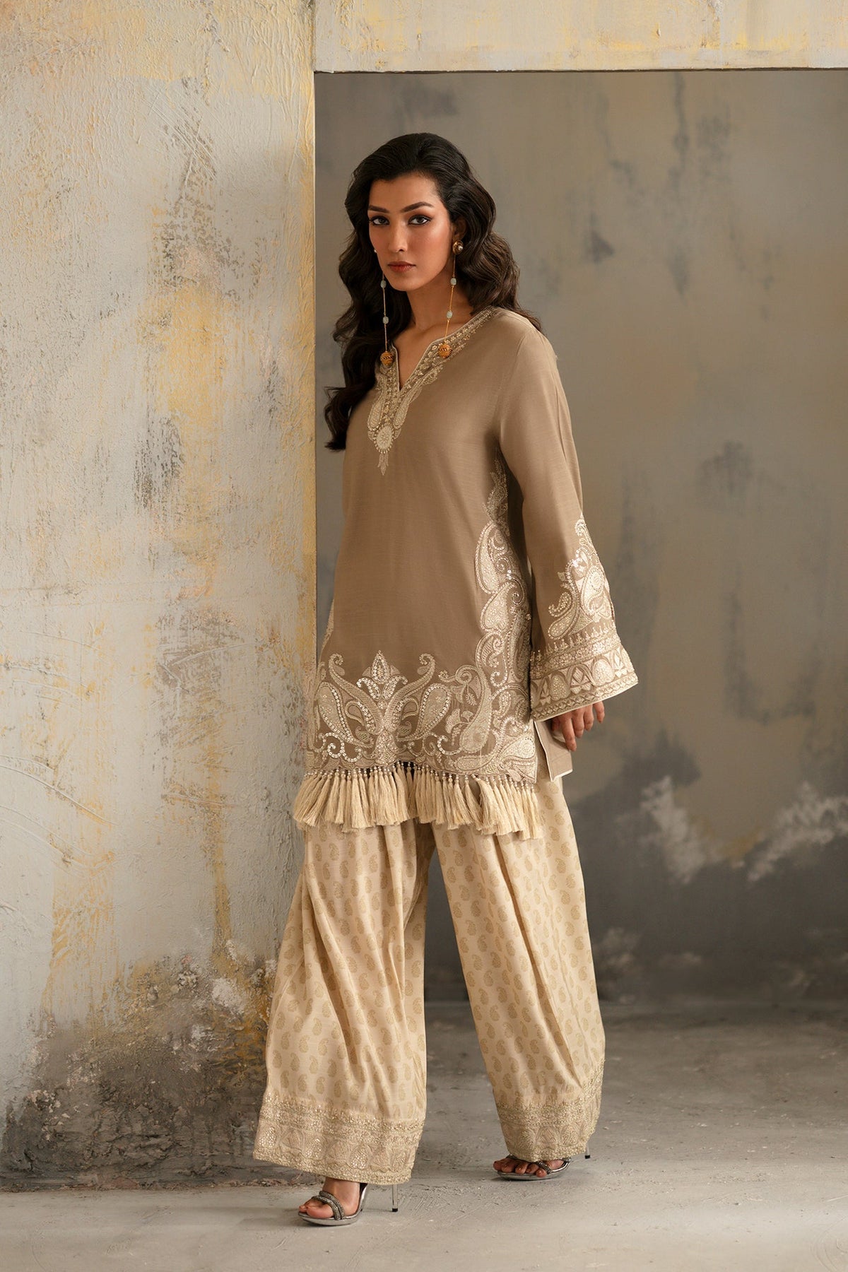 Ethnc | Luxe Boutique | Embroidered Suit (E1052/104/808)-Brand:Ethnc-Type:Boutique-Peanut - House of Maryam- Buy in UK, USA