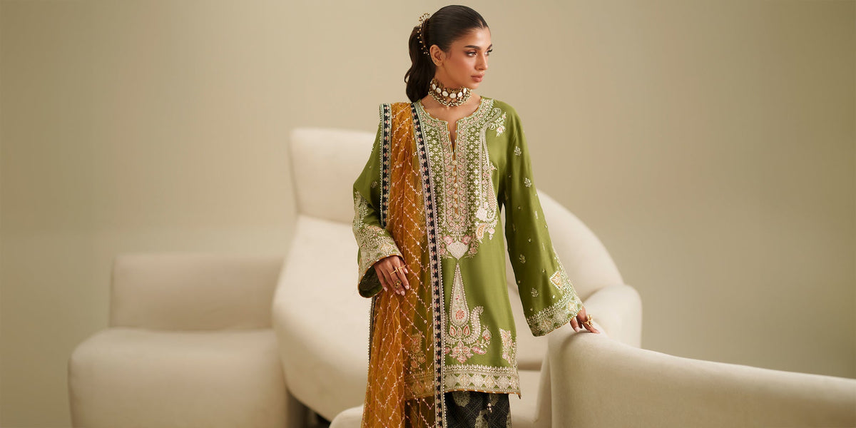 Ethnc | Luxe Boutique | Embroidered Suit (E1065/104/122)-Brand:Ethnc-Type:Boutique-Green - House of Maryam- Buy in UK, USA