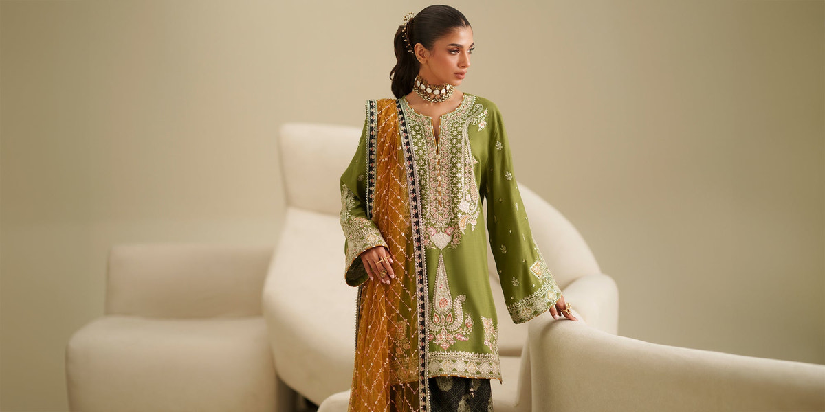 Ethnc | Luxe Boutique | Embroidered Suit (E1065/104/122)-Brand:Ethnc-Type:Boutique-Green - House of Maryam- Buy in UK, USA