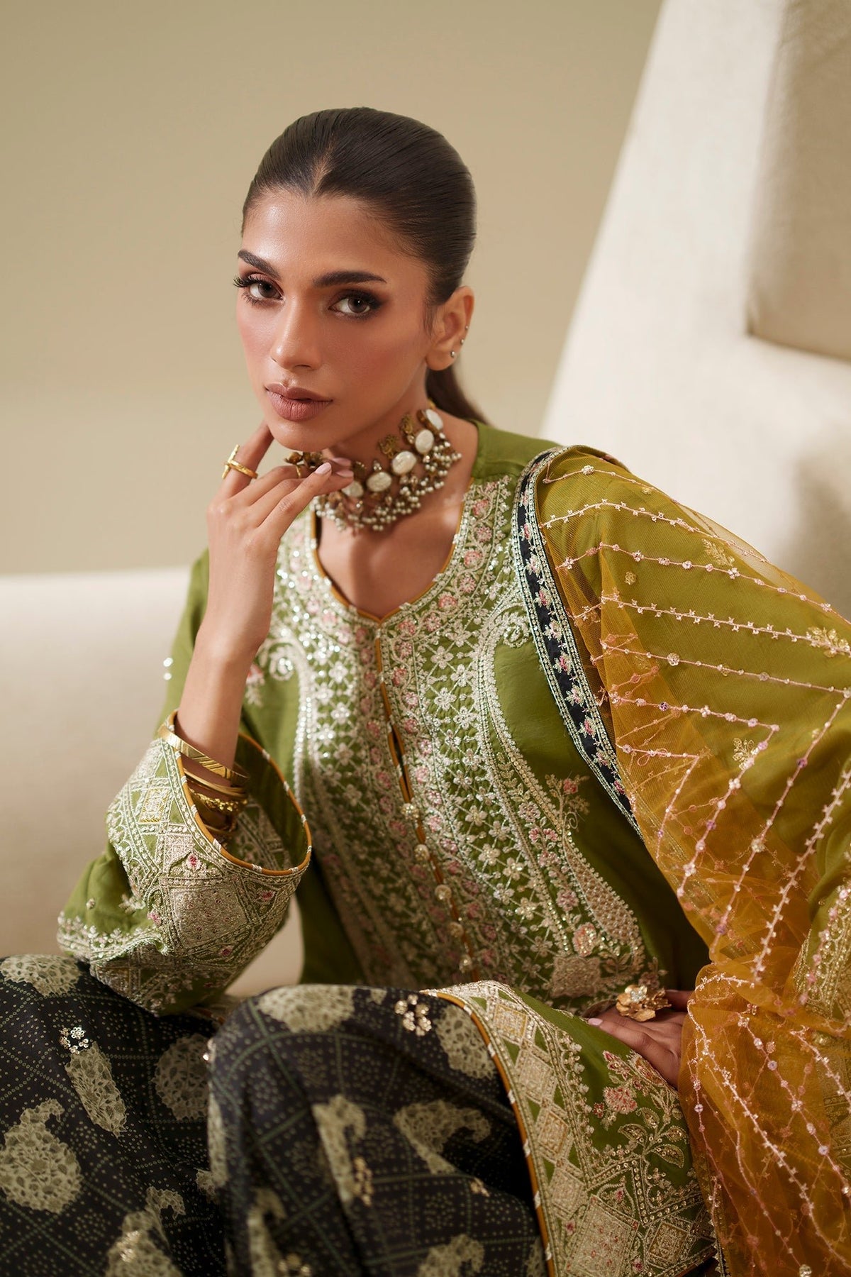 Ethnc | Luxe Boutique | Embroidered Suit (E1065/104/122)-Brand:Ethnc-Type:Boutique-Green - House of Maryam- Buy in UK, USA
