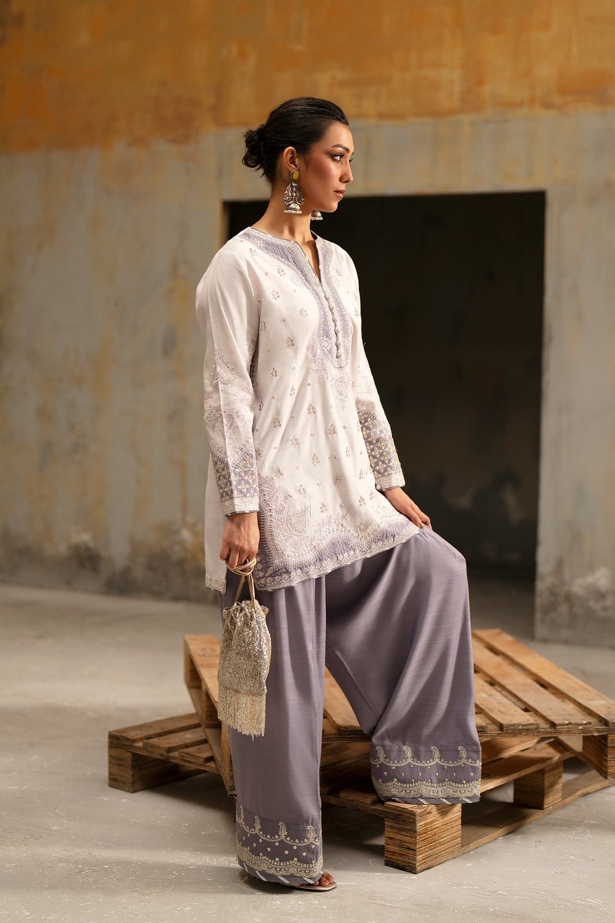 Ethnc | Luxe Boutique | Embroidered Suit (E1071/104/515)-Brand:Ethnc-Type:Boutique-Lilac Ice - House of Maryam- Buy in UK, USA