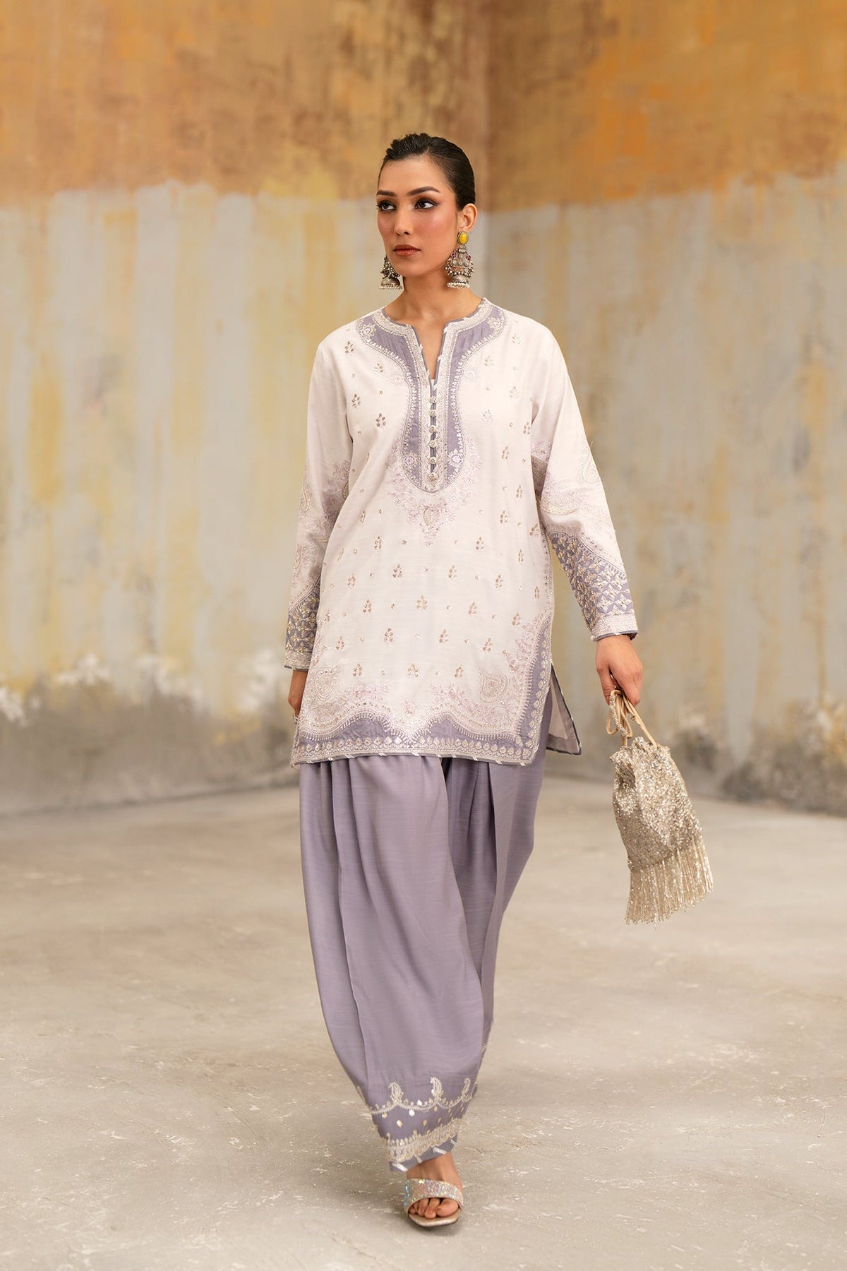 Ethnc | Luxe Boutique | Embroidered Suit (E1071/104/515)-Brand:Ethnc-Type:Boutique-Lilac Ice - House of Maryam- Buy in UK, USA