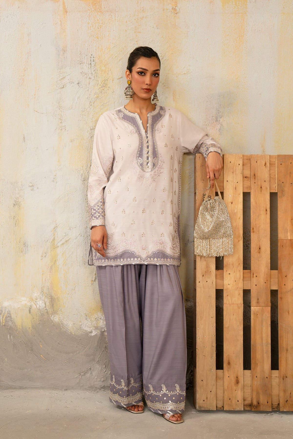 Ethnc | Luxe Boutique | Embroidered Suit (E1071/104/515)-Brand:Ethnc-Type:Boutique-Lilac Ice - House of Maryam- Buy in UK, USA