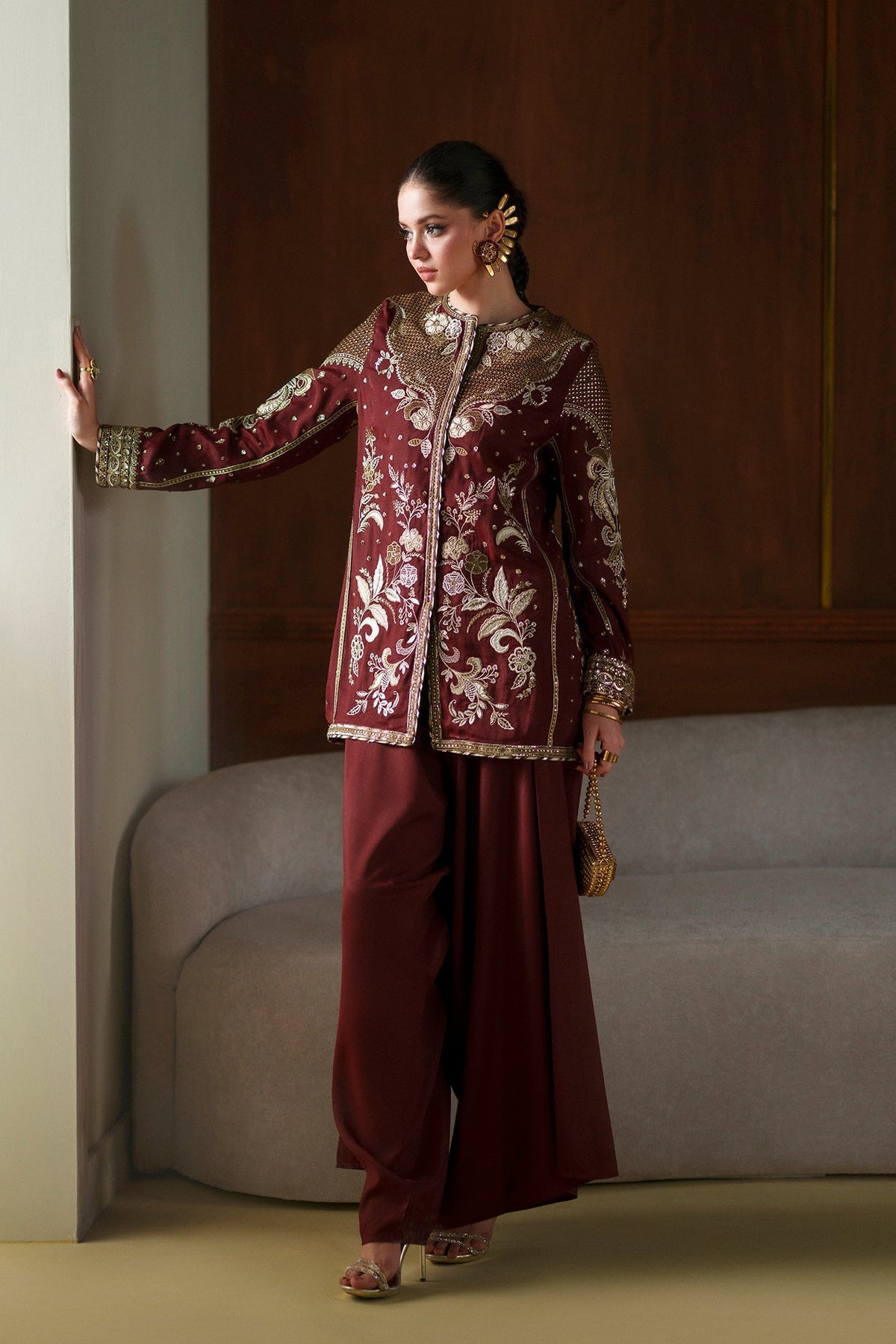 Ethnc | Luxe Boutique | Embroidered Suit (E1077/104/415)-Brand:Ethnc-Type:Boutique-Burgundy - House of Maryam- Buy in UK, USA
