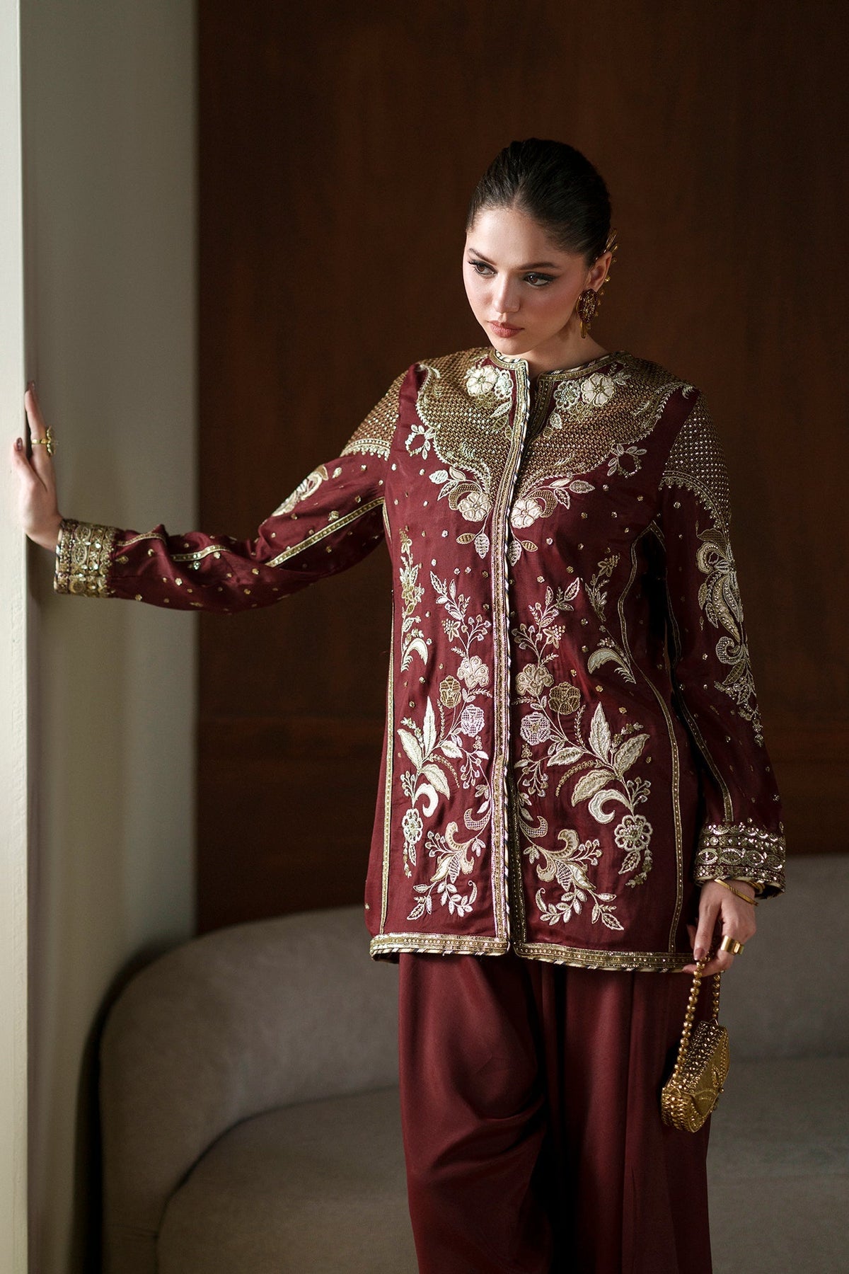 Ethnc | Luxe Boutique | Embroidered Suit (E1077/104/415)-Brand:Ethnc-Type:Boutique-Burgundy - House of Maryam- Buy in UK, USA